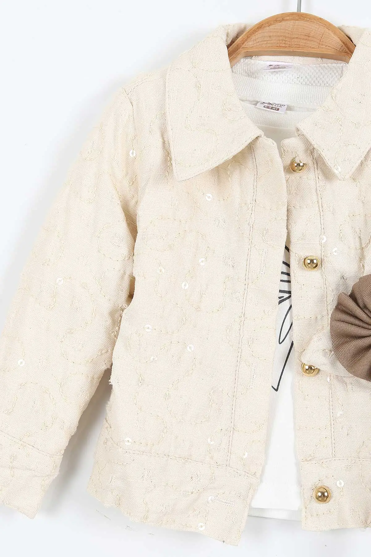 Kahve (6-24 Ay) Çiçek Aksesuarlı Baskılı Sweatli Ceketli ve Pantolonlu Kız Bebek 3'lü Takım 408392