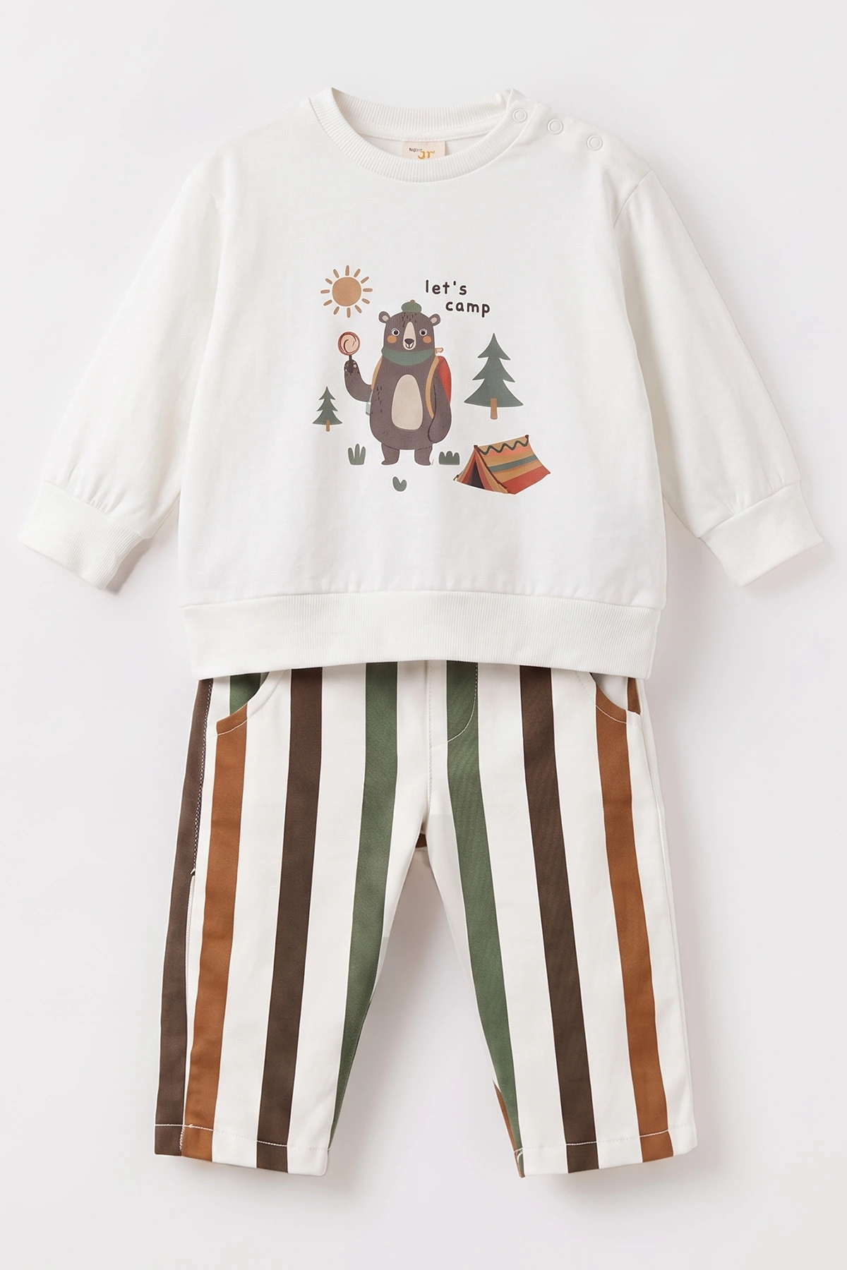 Kahve (6-24 Ay) Çizgili Pantolonlu Yelekli 3'lü Erkek Bebek Takım 473154
