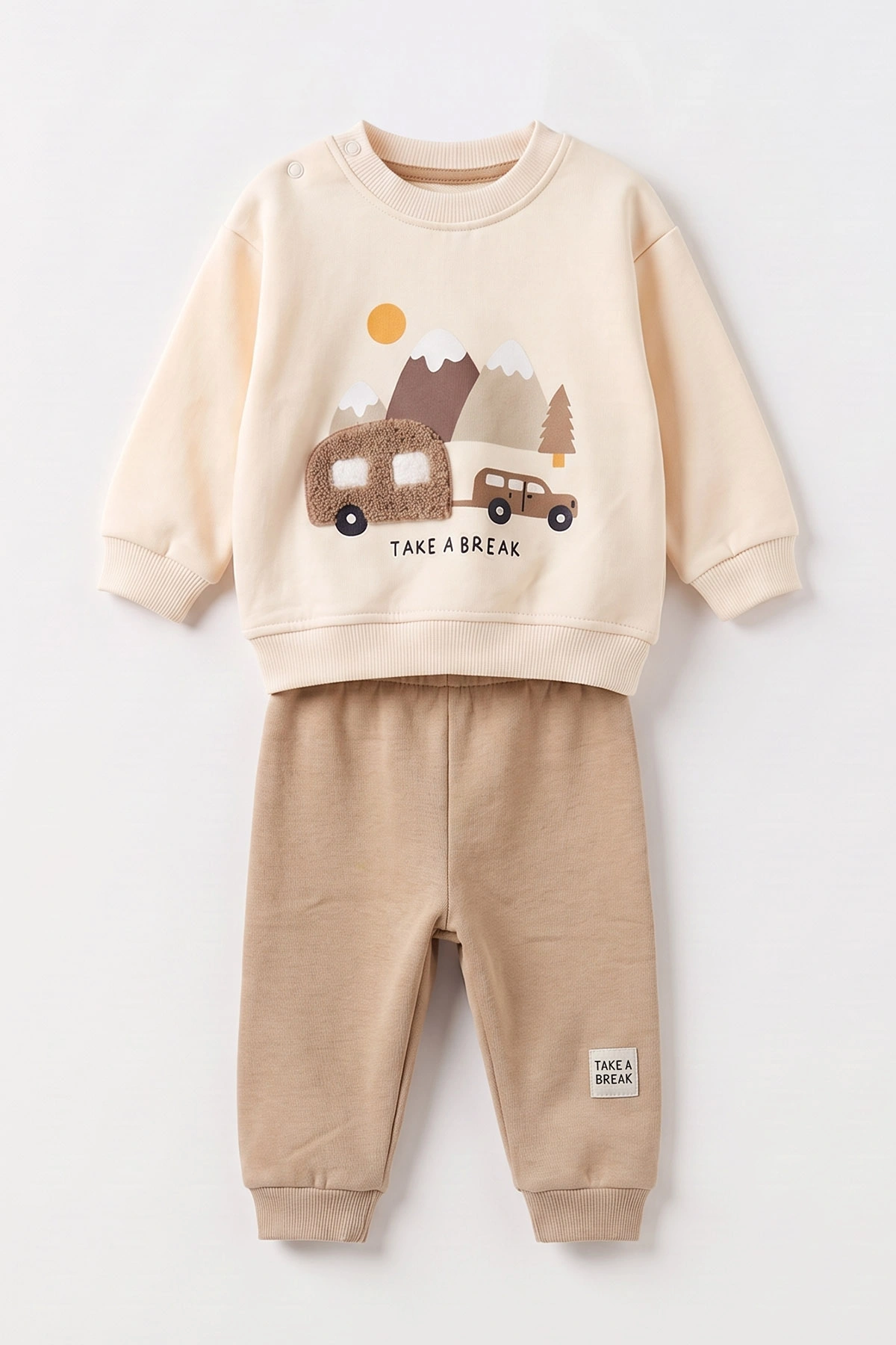 Kahve (6-24 Ay) Süzene Karavan Nakışlı 3 İp Şardonlu Erkek Bebek Kışlık Takım 499789