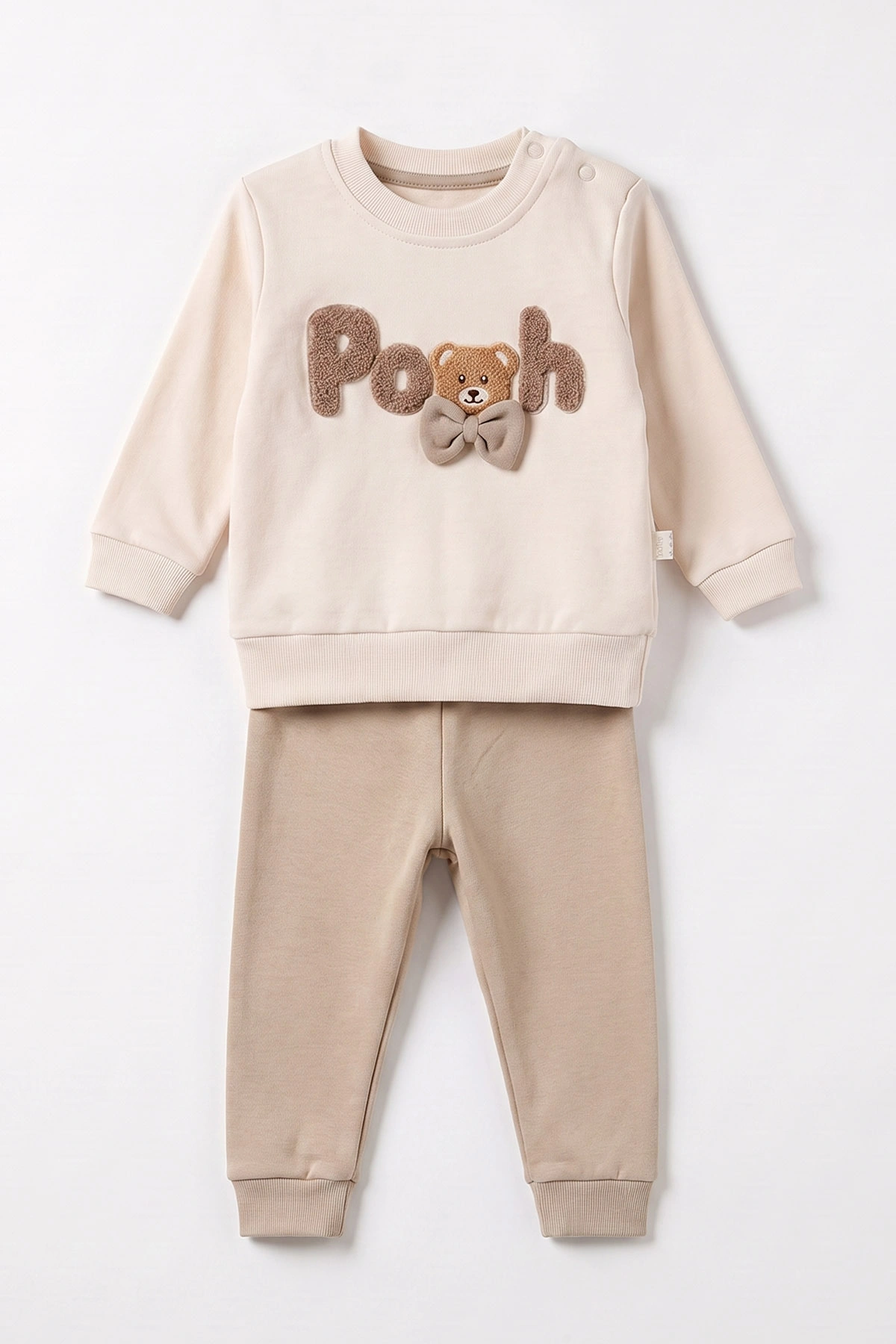 Kahve (6-24 Ay) Süzene Pooh Nakışlı Papyonlu Erkek Bebek 2'li Takım 472844
