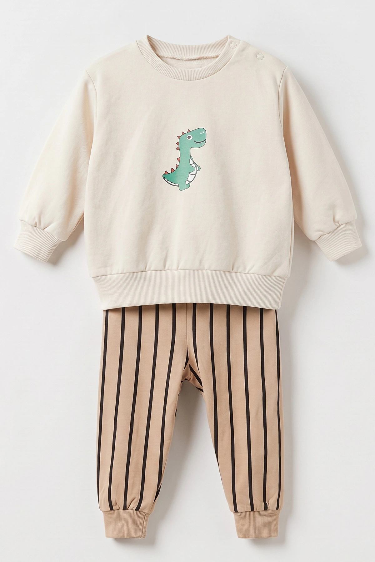 Kahve (6-24 Ay) Yeleği Dinozor Baskılı Kapüşonlu  Erkek Bebek 3'lü Takım 473243