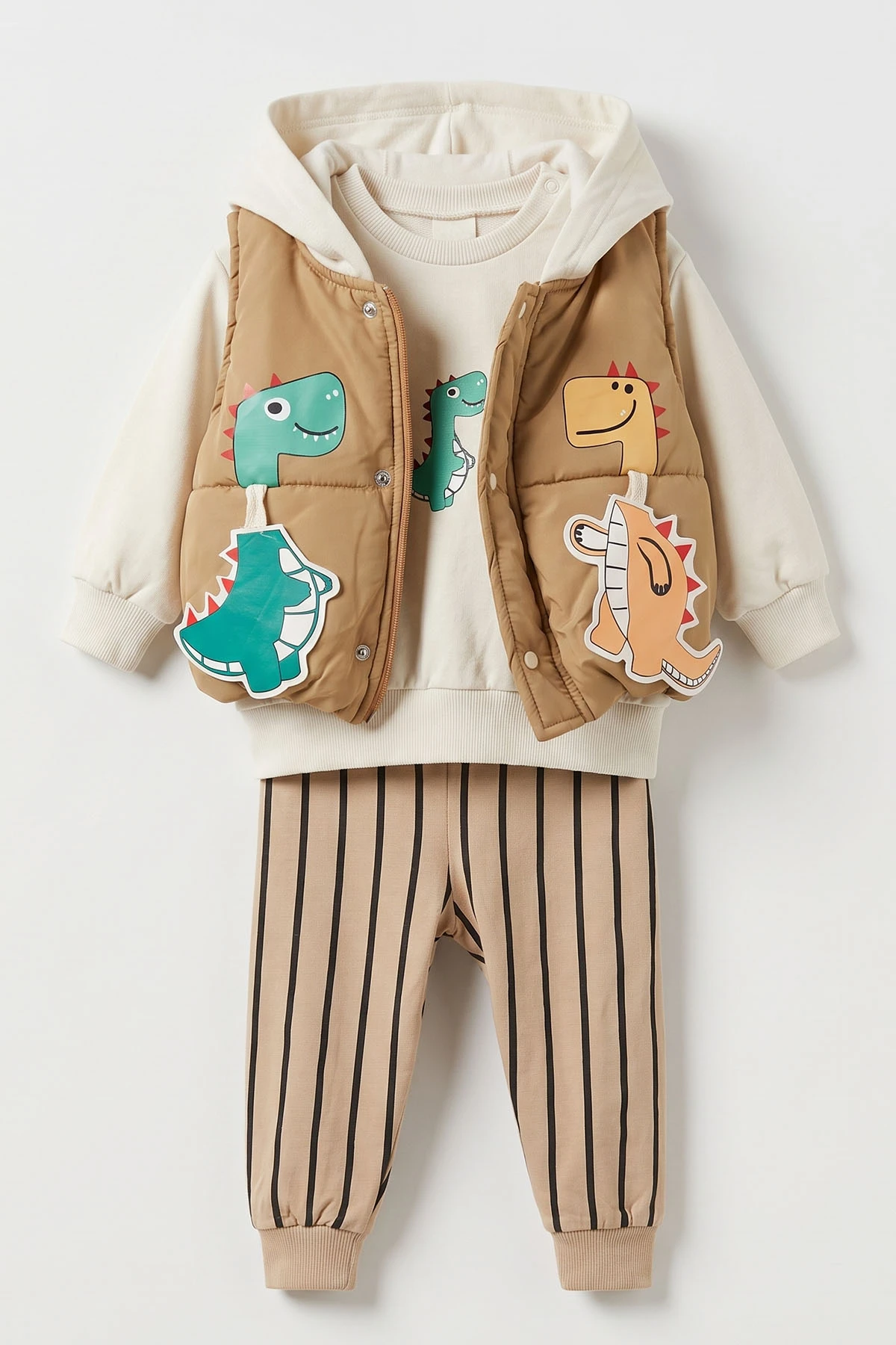 Kahve (6-24 Ay) Yeleği Dinozor Baskılı Kapüşonlu  Erkek Bebek 3'lü Takım 473243
