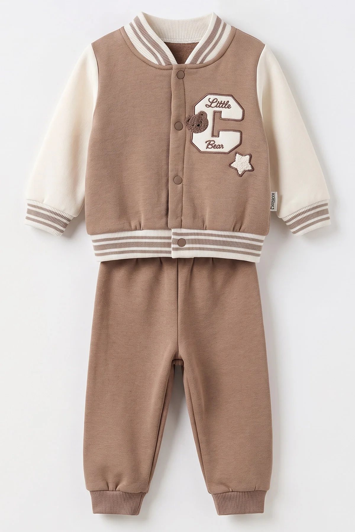 Kahve (6-24 Ay)C Nakışlı Kolej Ceketli 3 İp Şardonlu Erkek Bebek Kışlık Takım 493989