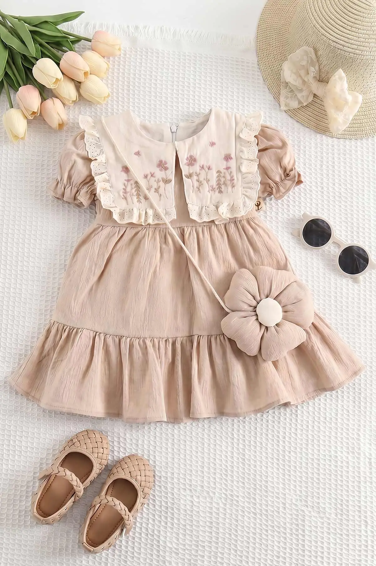Kahve (6-24 Ay)Yakası Nakışlı Fistolu Müslin Kız Bebek Elbise 467273