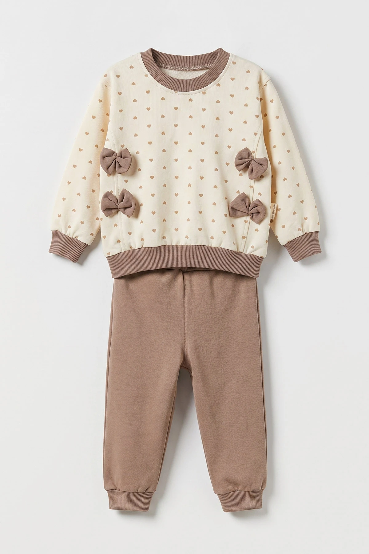 Kahve (6-9 Ay) Fiyonklu Kalp Baskılı 2'li Kız Bebek Takım 475980