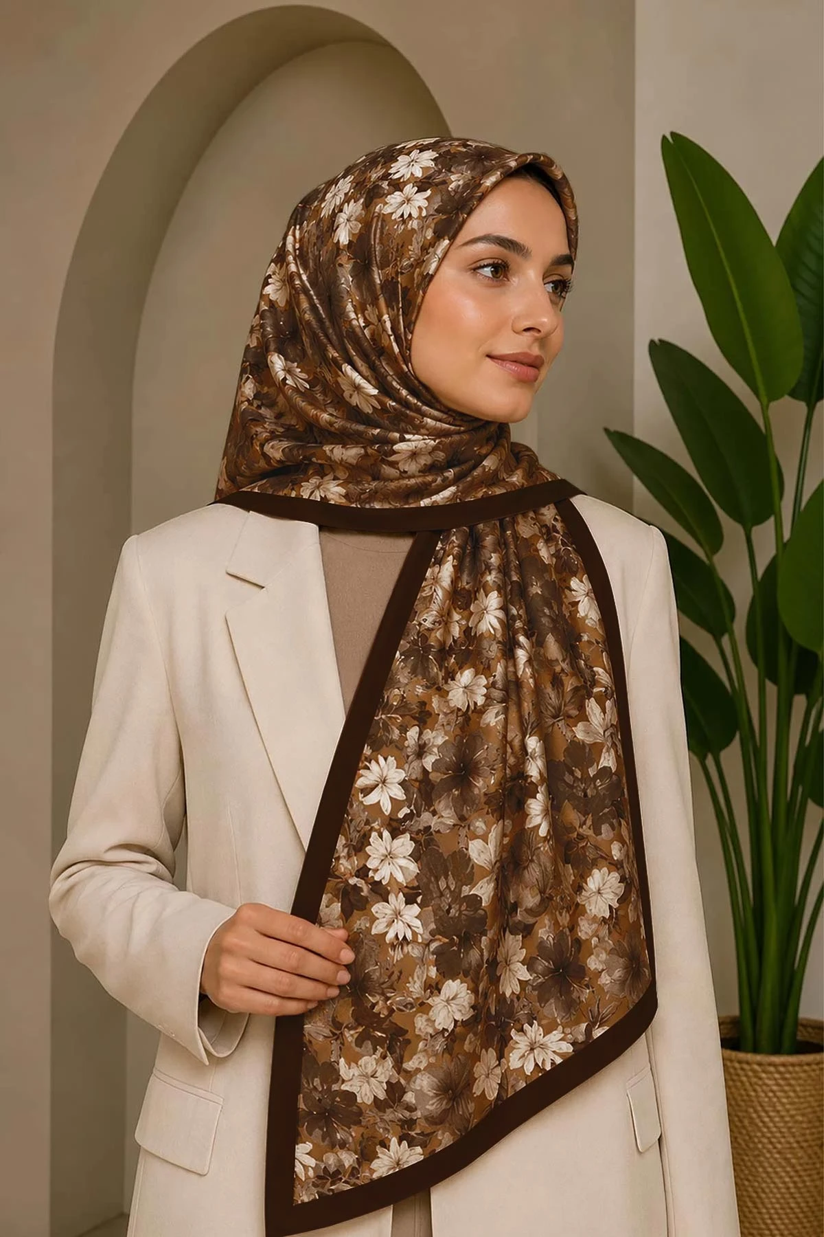 Kahve 70x180 Cm Dijital Baskılı Botanik Desen Soft Şal 482153