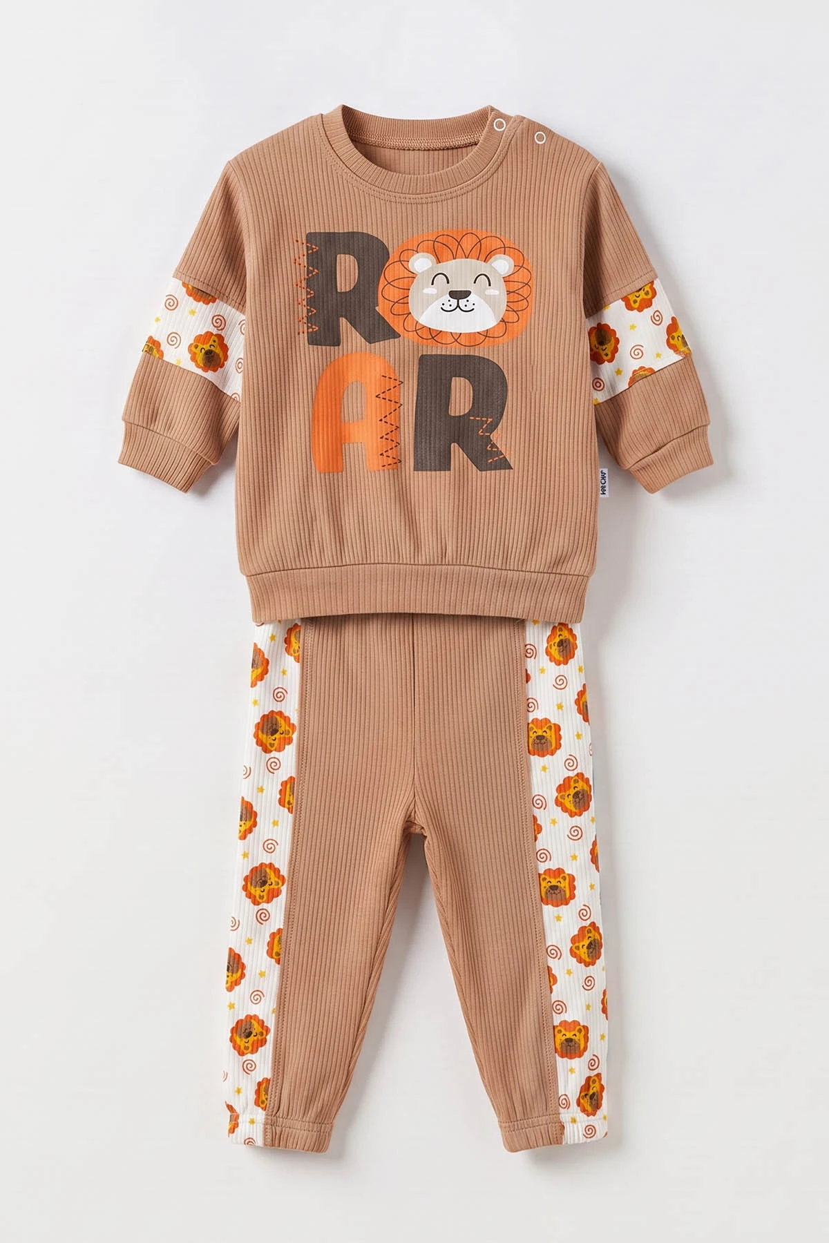 Kahve (9-24 Ay)Aslan Baskılı Lastikli Paça Fitilli Kumaş  Erkek Bebek Takım 480194