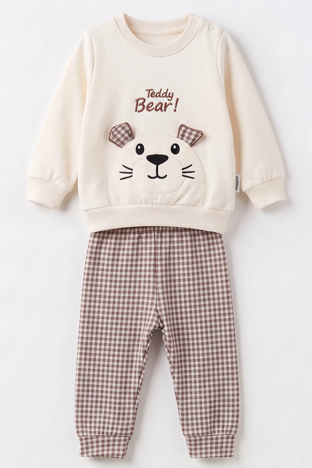 Kahve (9-24 Ay)Ayı Nakışlı Ekoseli Erkek Bebek Takım 476743
