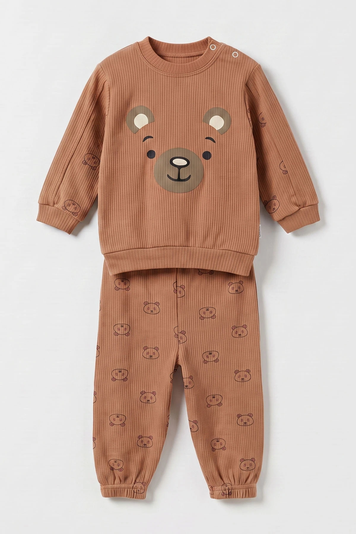 Kahve (9-24 Ay)Ayıcık Baskılı Lastikli Paça Fitilli Kumaş  Erkek Bebek Takım 480190