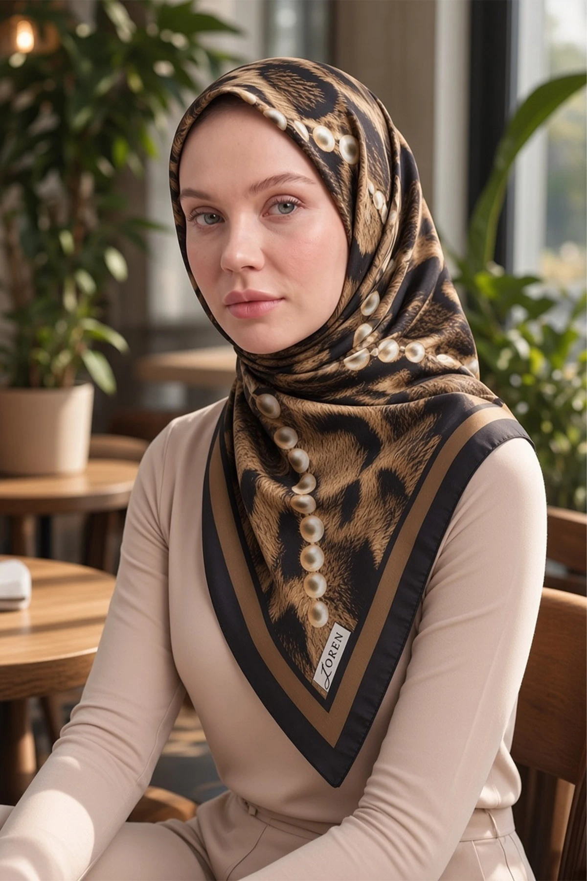 Kahve 90x90 Cm Dijital Baskılı İnci Desen Kutulu Twill Eşarp 501017