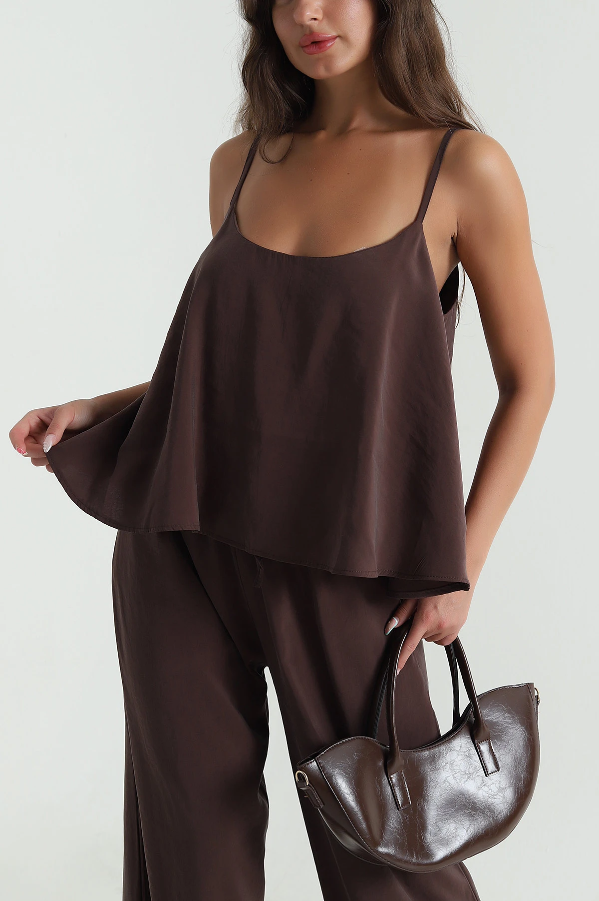 Kahve Askılı Tencel Kadın İkili Takım 471655