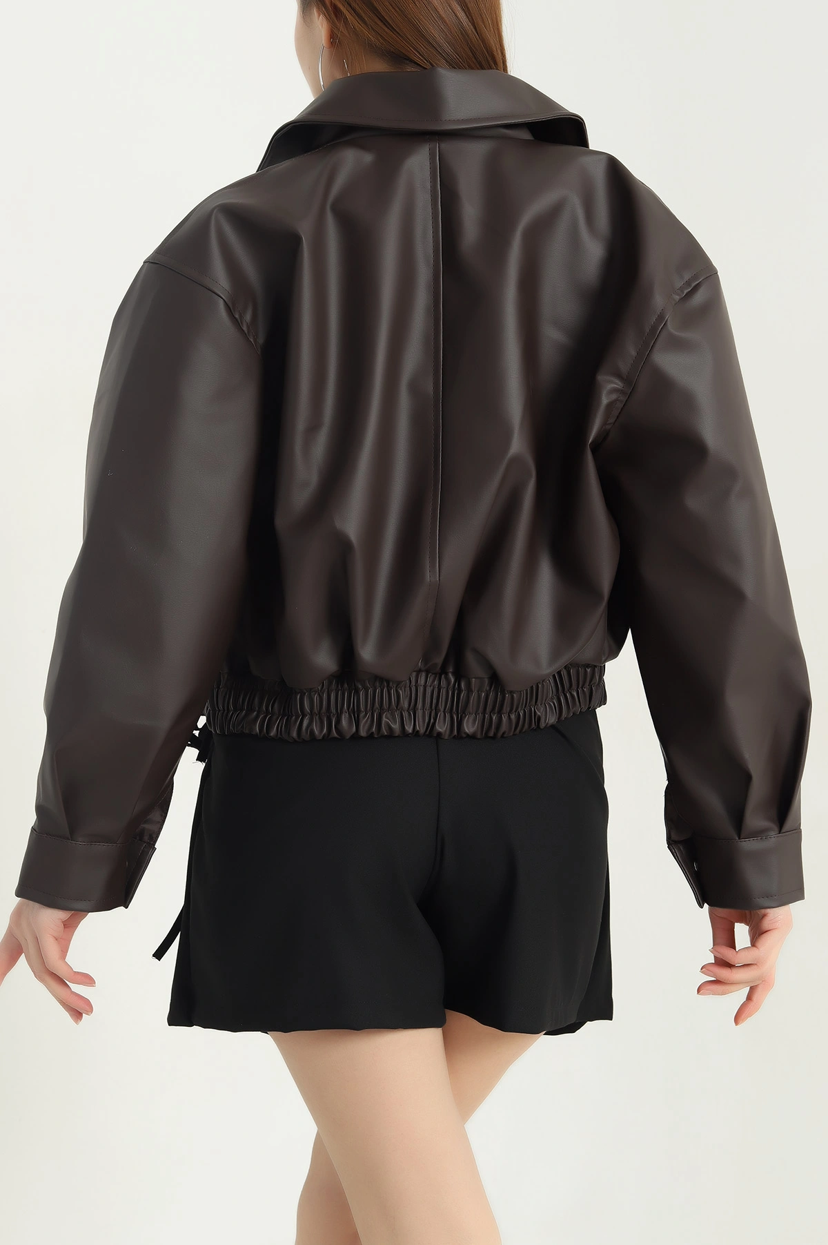 Kahve Astarlı Beli Lastikli Kadın Deri Kadın Mont 347659