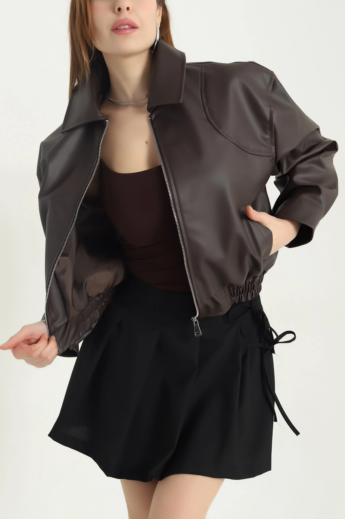 Kahve Astarlı Beli Lastikli Kadın Deri Kadın Mont 347659