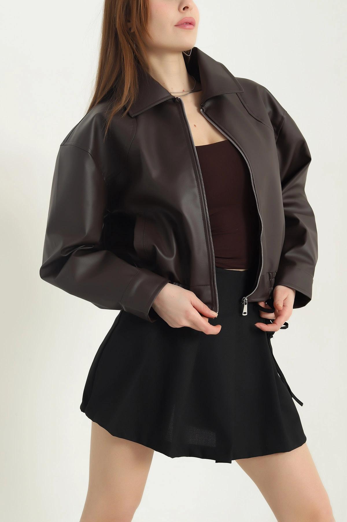 Kahve Astarlı Beli Lastikli Kadın Deri Kadın Mont 347659