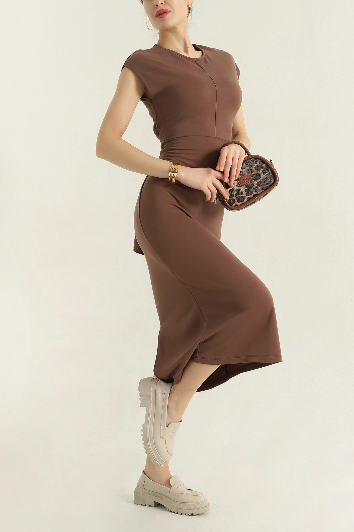 Kahve Bağlamalı Çimalı Modal Elbise 350502
