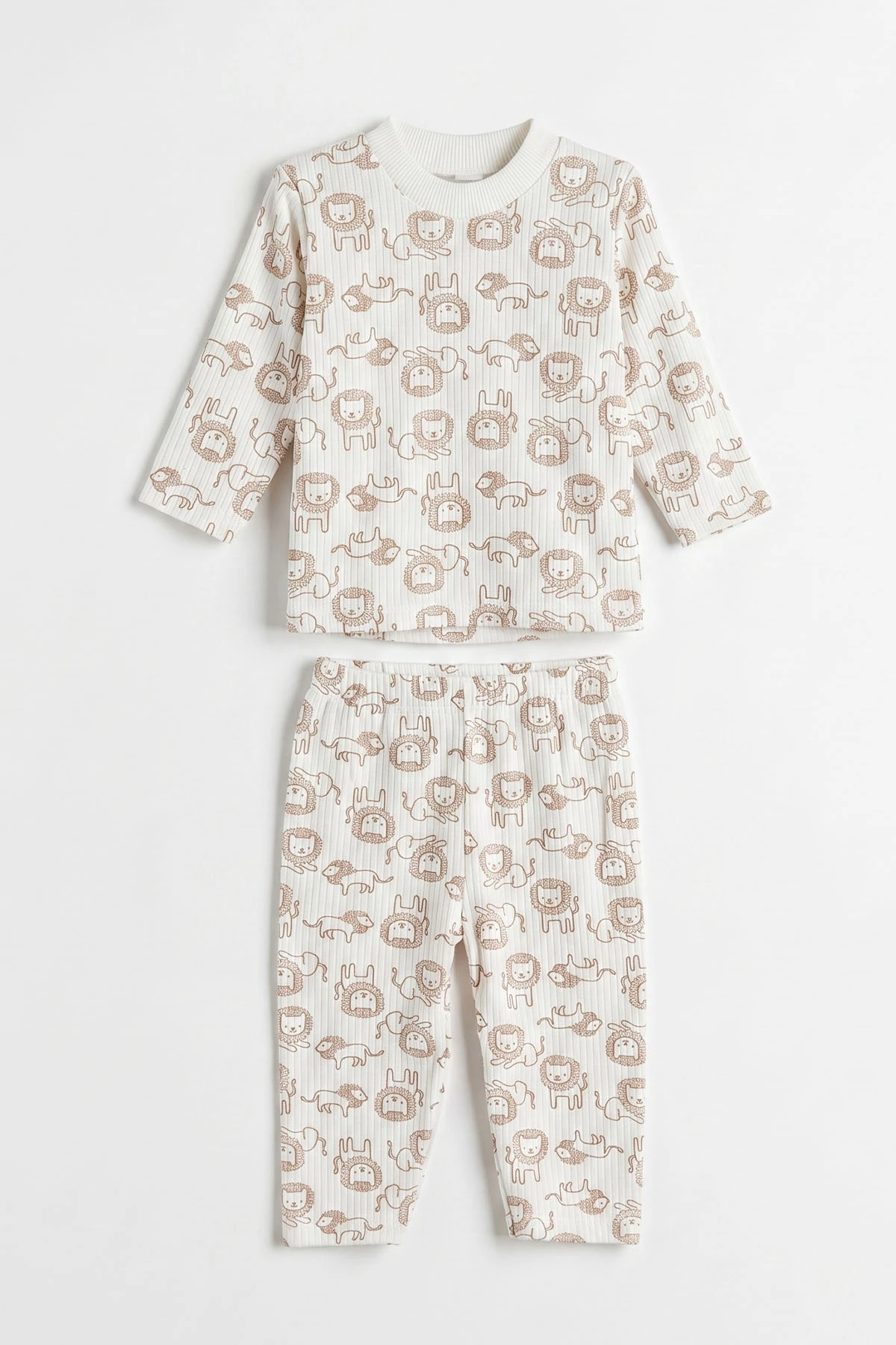 Kahve Beyaz  (1-3 Yaş) Aslan Desenli Raporlu Çocuk Pijama Takım 477331