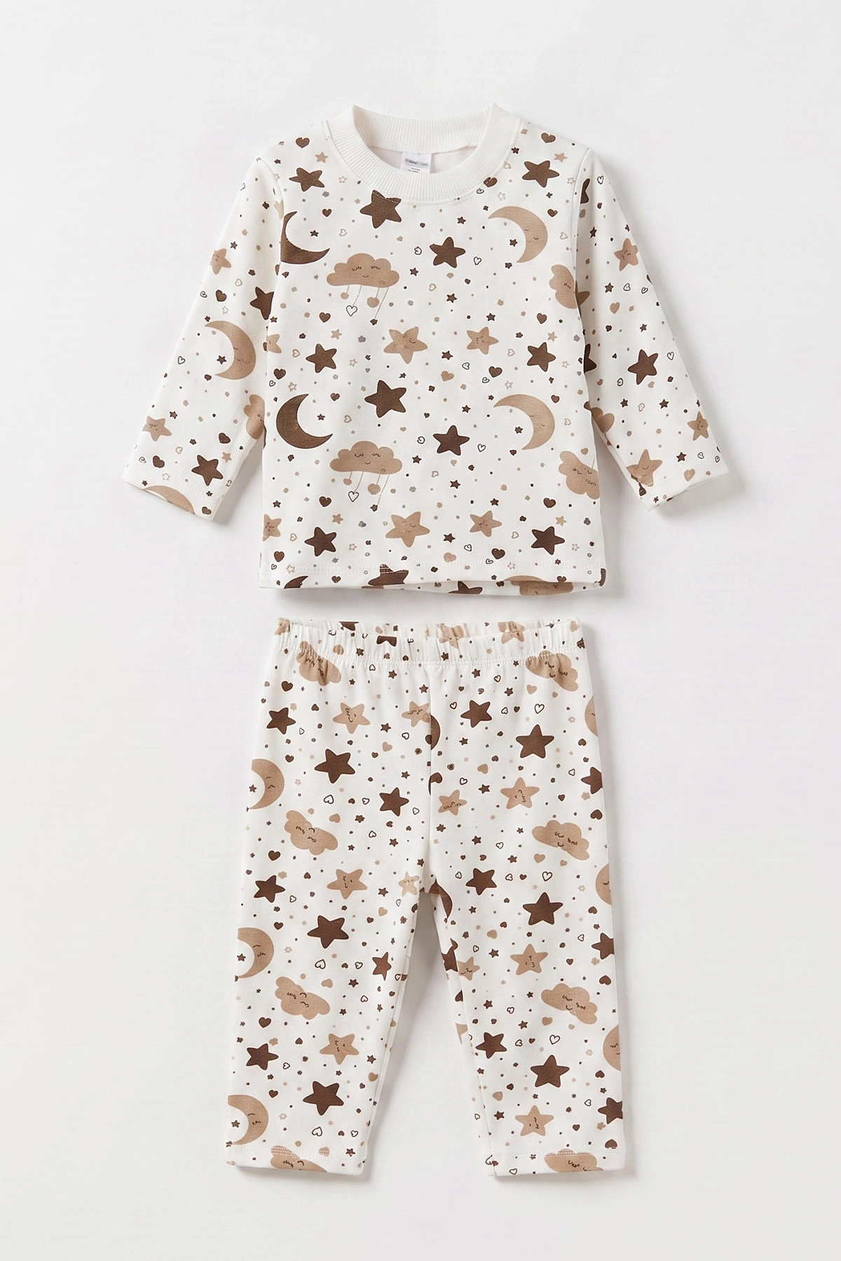 Kahve Beyaz   (1-3 Yaş) Yıldız ve Bulut Desenli  Çocuk Pijama Takım 477359