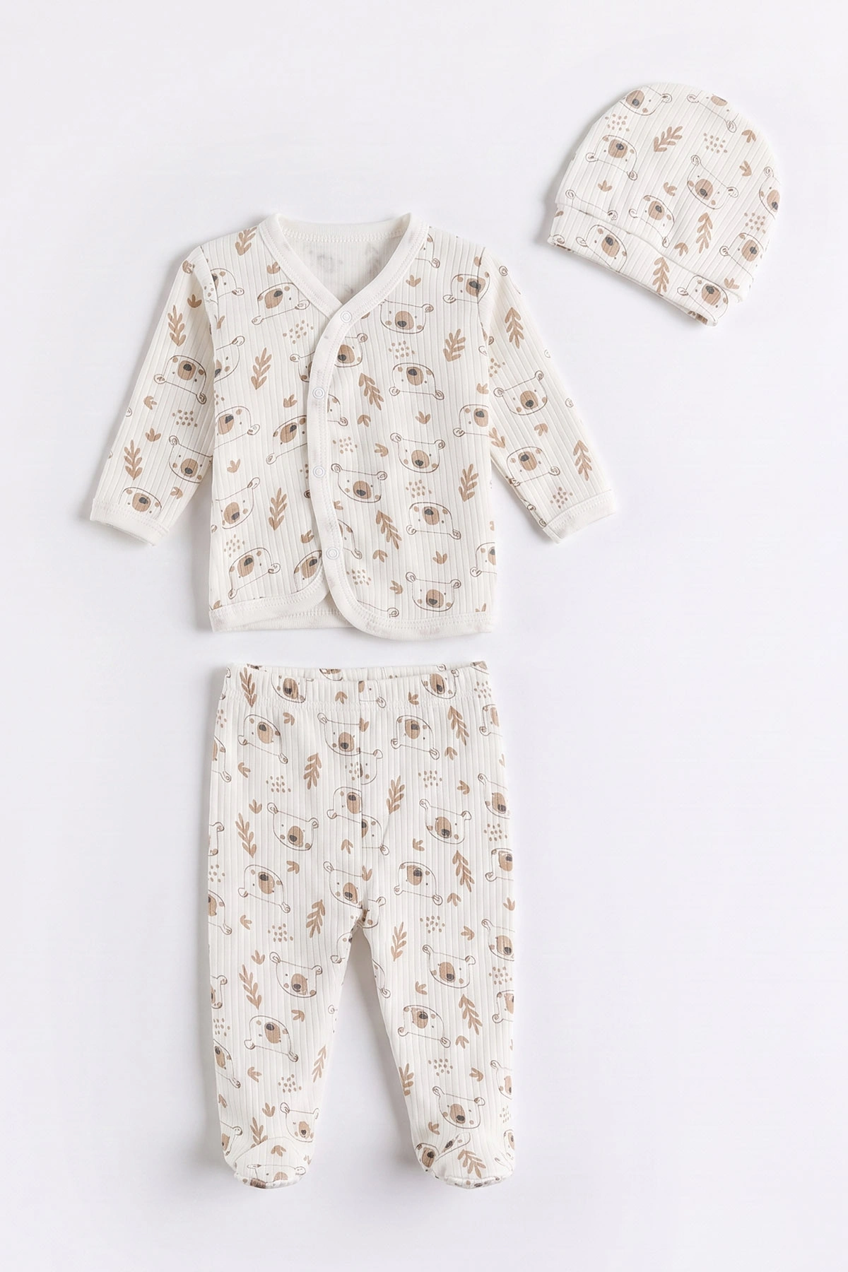 Kahve Beyaz(0-3 Ay) Ayıcık Desenli Patikli Raporlu Bebek 3'lü Zıbın Takım 477313