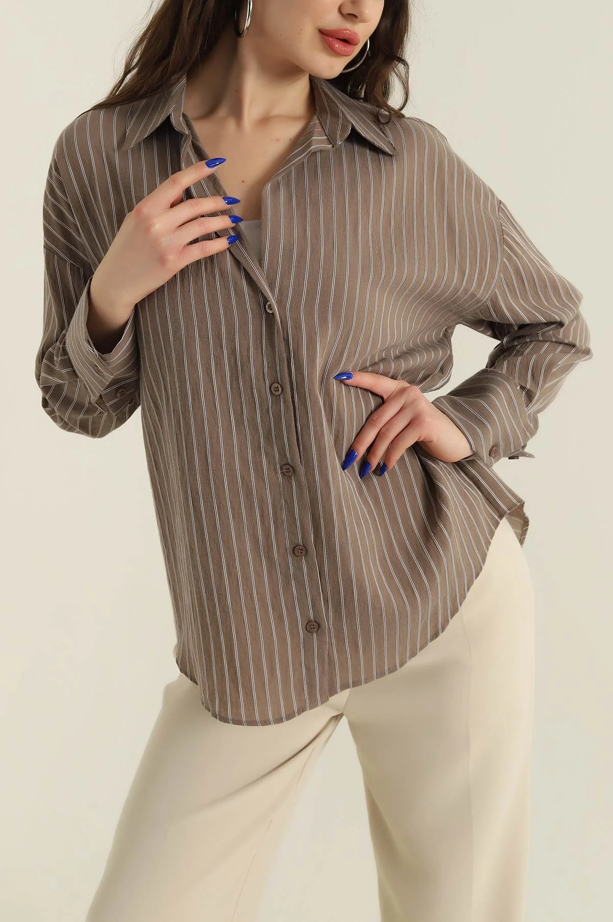 Kahve Çizgili Mono Stripe Kadın Gömlek 425451