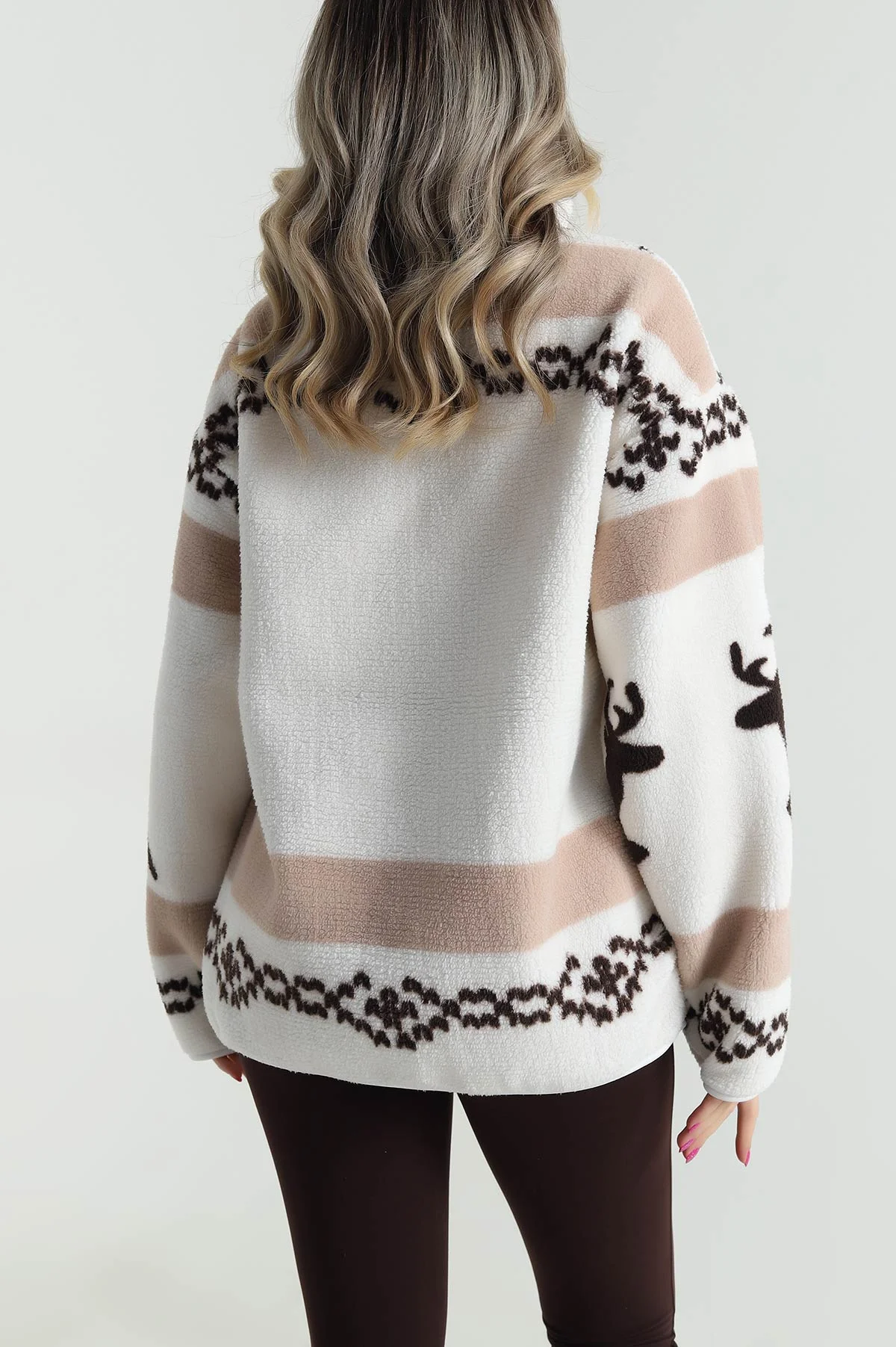 Kahve Desenli Uzun Kollu Teddy Kadın Sweat 482448