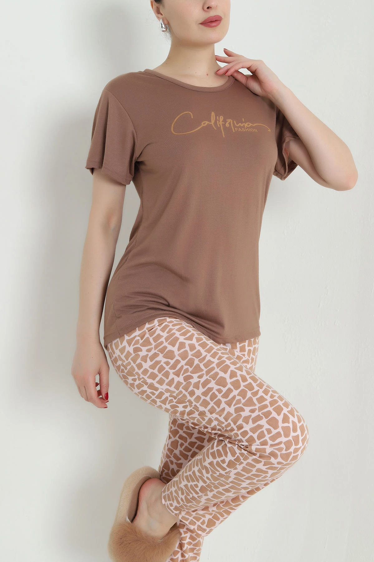 Kahve Desenli Viskon Kadın Pijama Takımı 466612