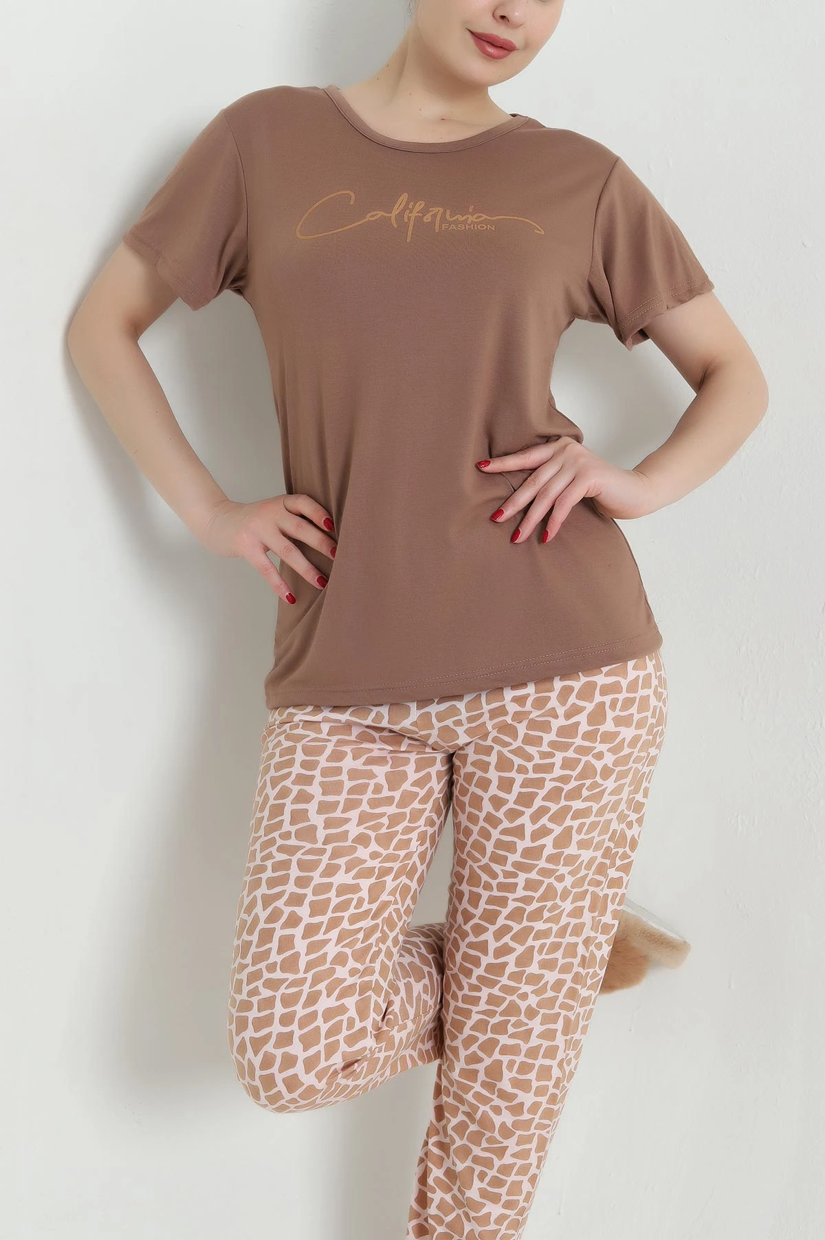 Kahve Desenli Viskon Kadın Pijama Takımı 466612