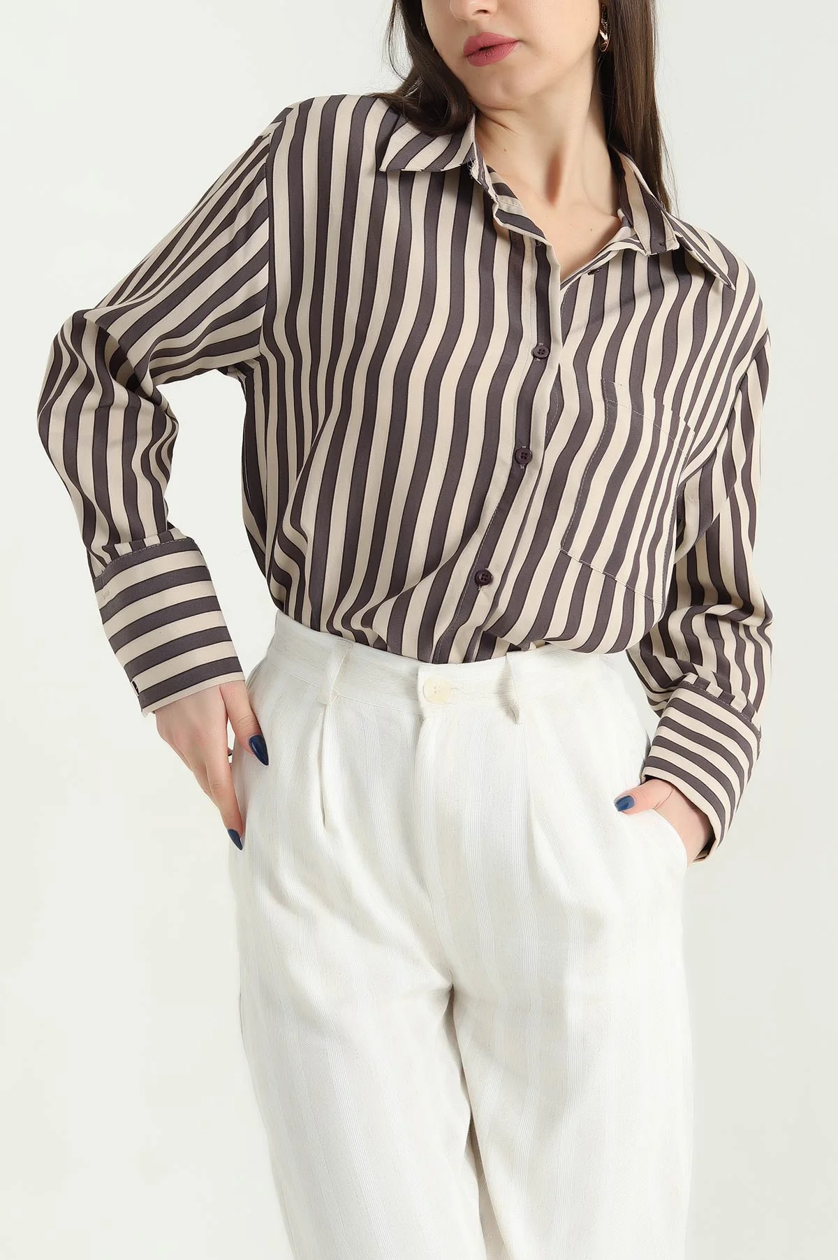 Kahve Dokuma Geçişli Oversize Gömlek 340977