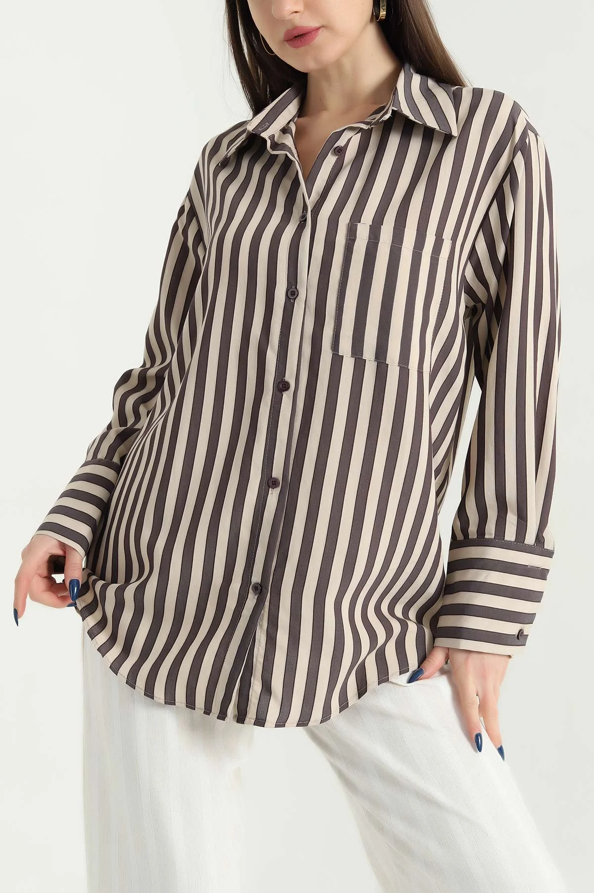 Kahve Dokuma Geçişli Oversize Gömlek 340977