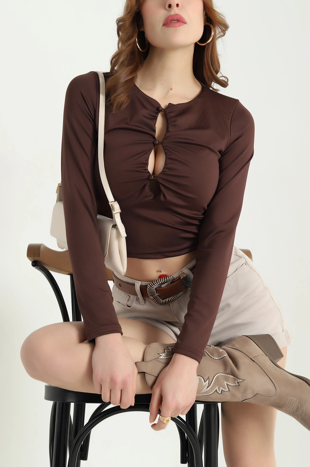Kahve Düğmeli Dalgıç Kumaş Bluz 337864