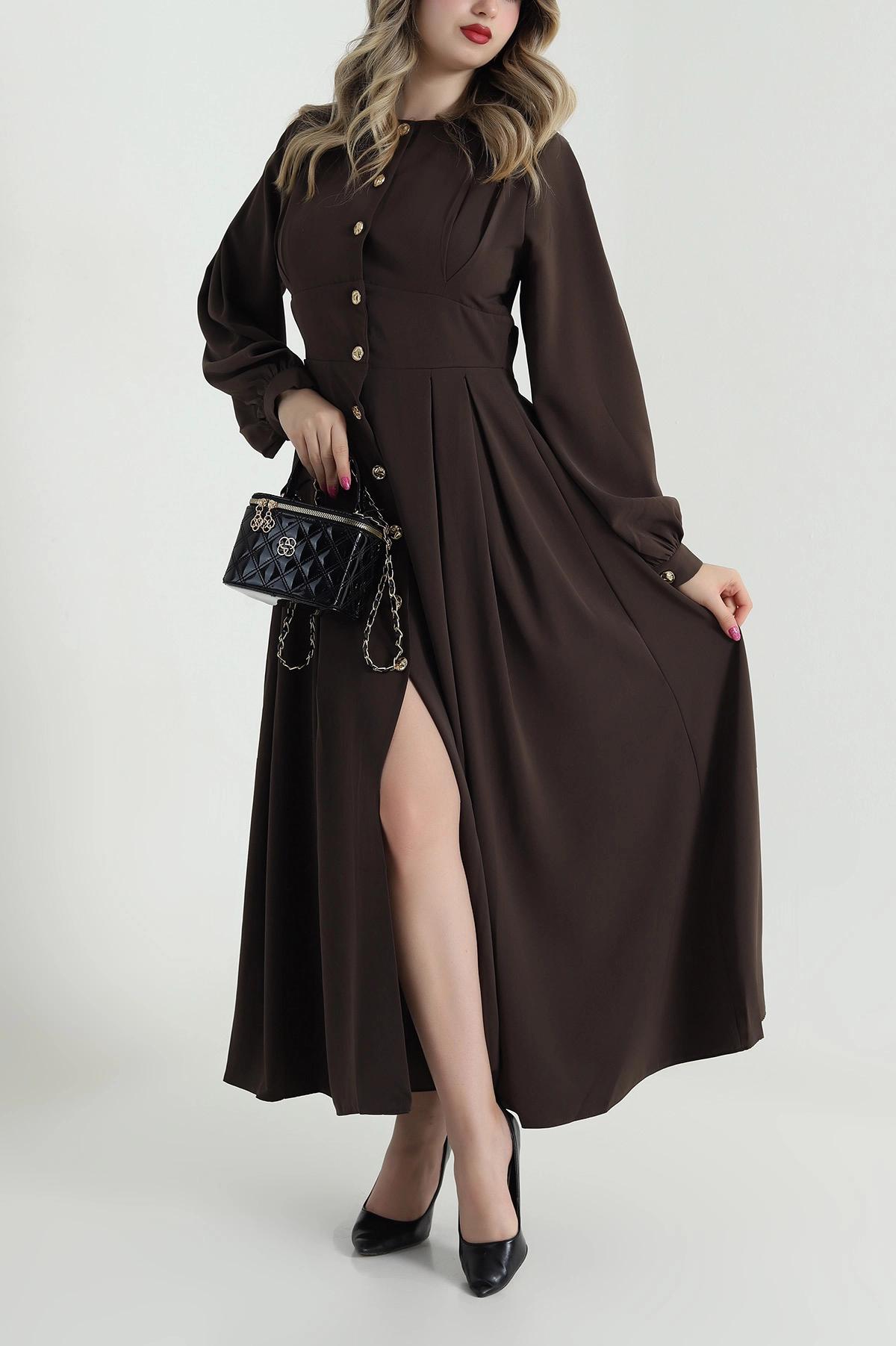 Kahve Düğmeli Linda Kadın Elbise 484313