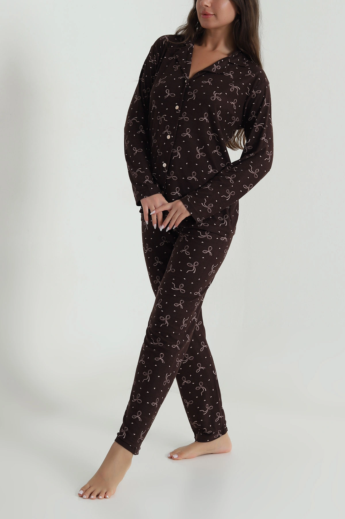 Kahve Düğmeli Süet Kadın Pijama Takımı 486269