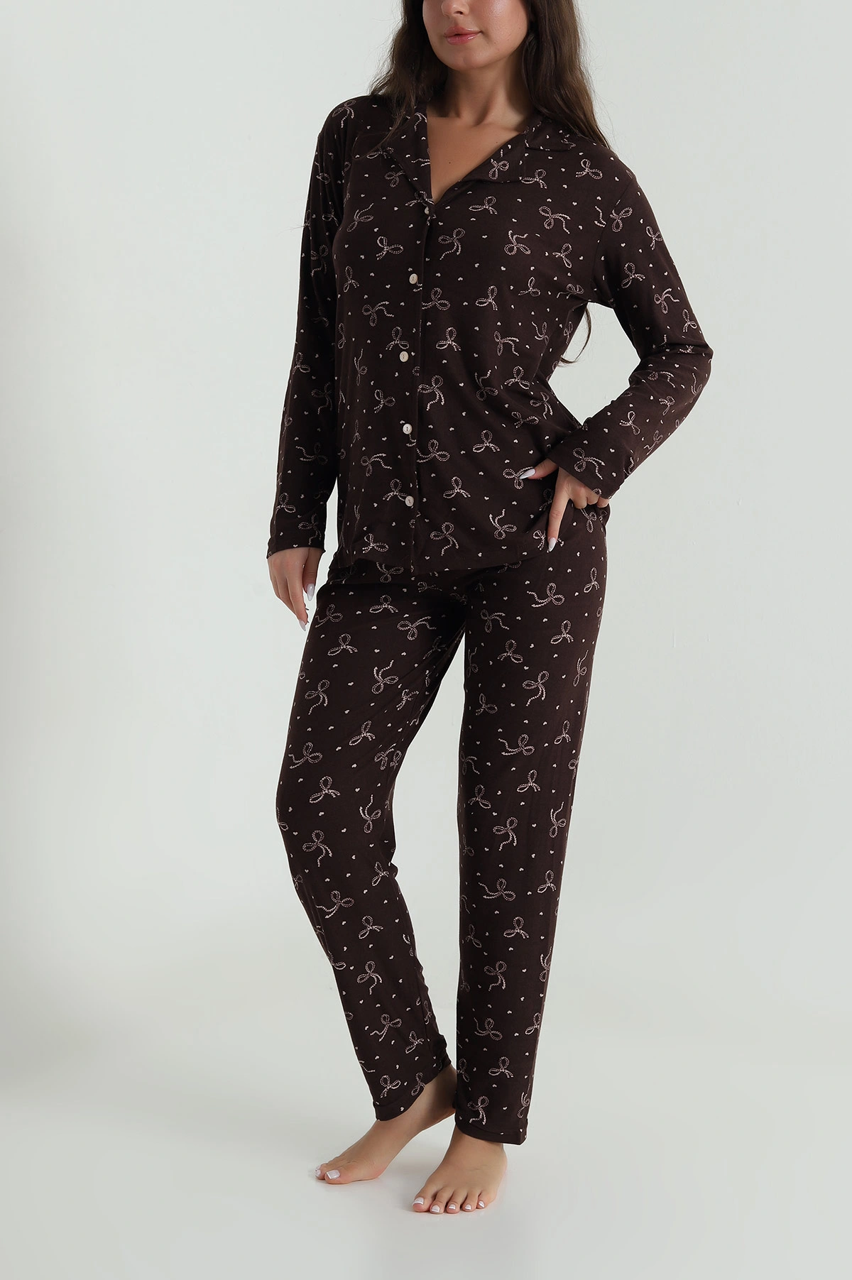 Kahve Düğmeli Süet Kadın Pijama Takımı 486269