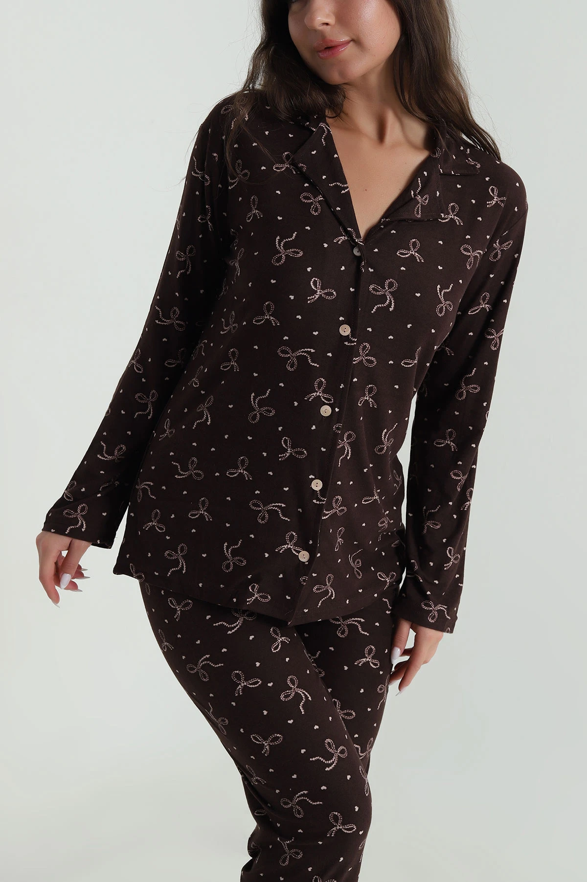 Kahve Düğmeli Süet Kadın Pijama Takımı 486269
