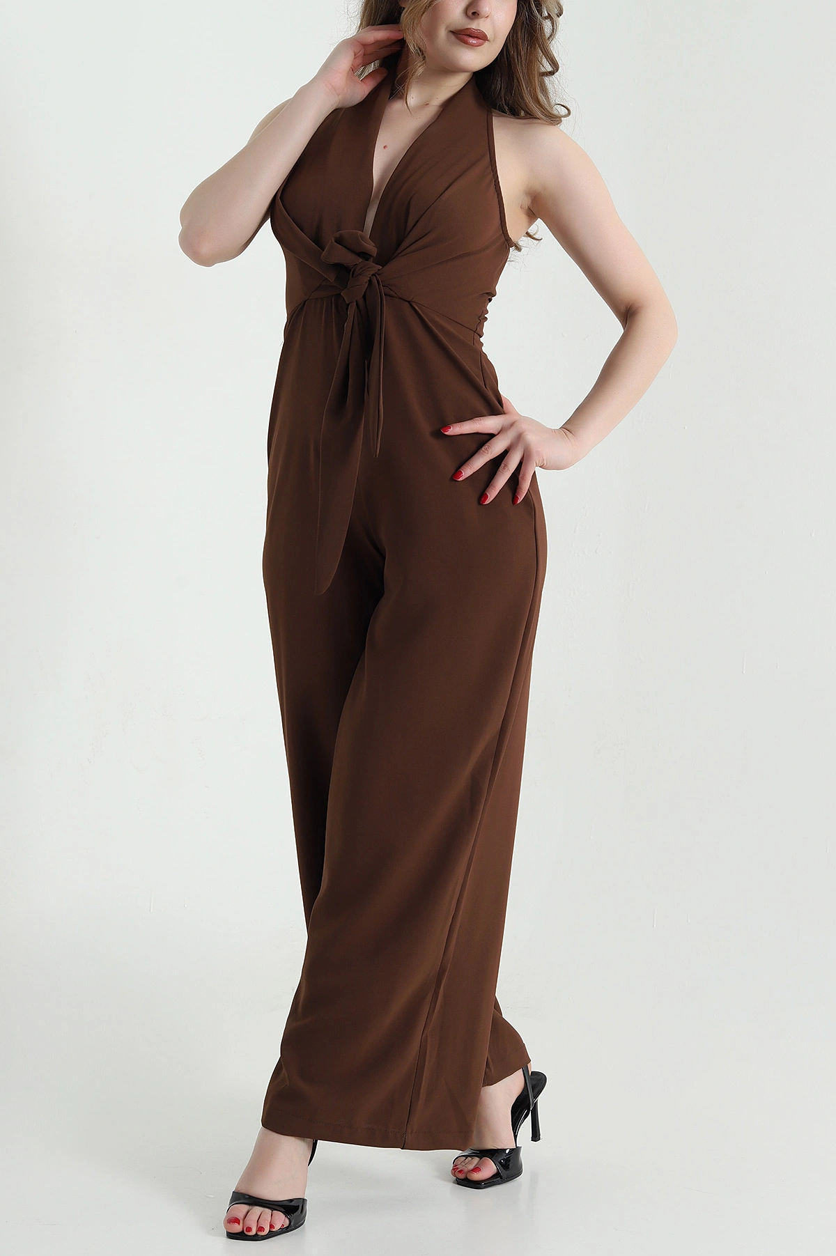Kahve Fermuarlı Bel Bağlamalı Dokuma Kadın Tulum 459038