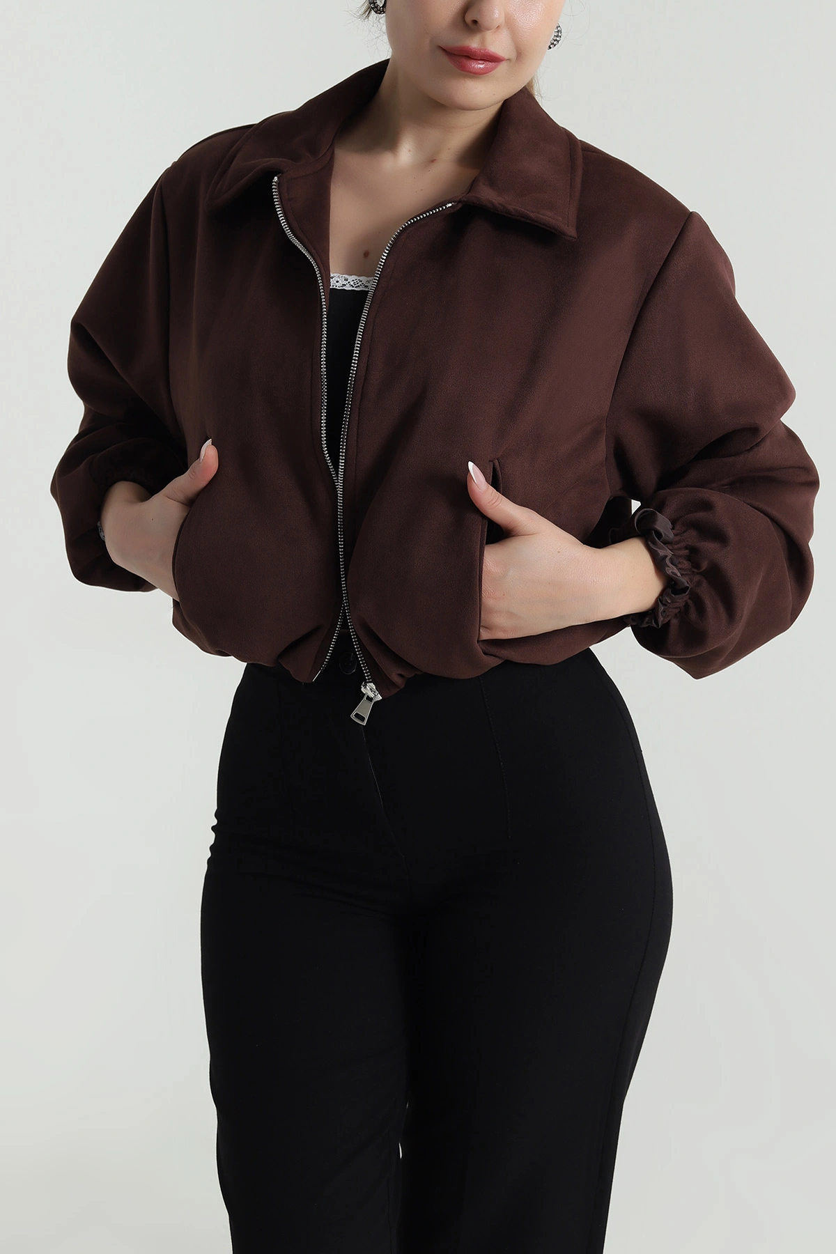 Kahve Fermuarlı Beli Lastikli Süet Mont 488863