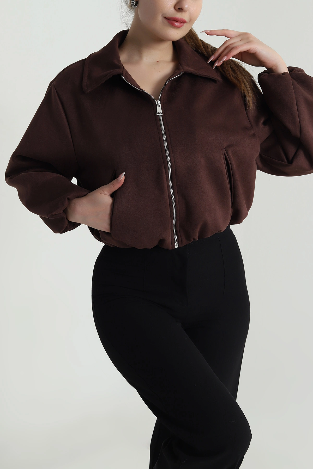 Kahve Fermuarlı Beli Lastikli Süet Mont 488863