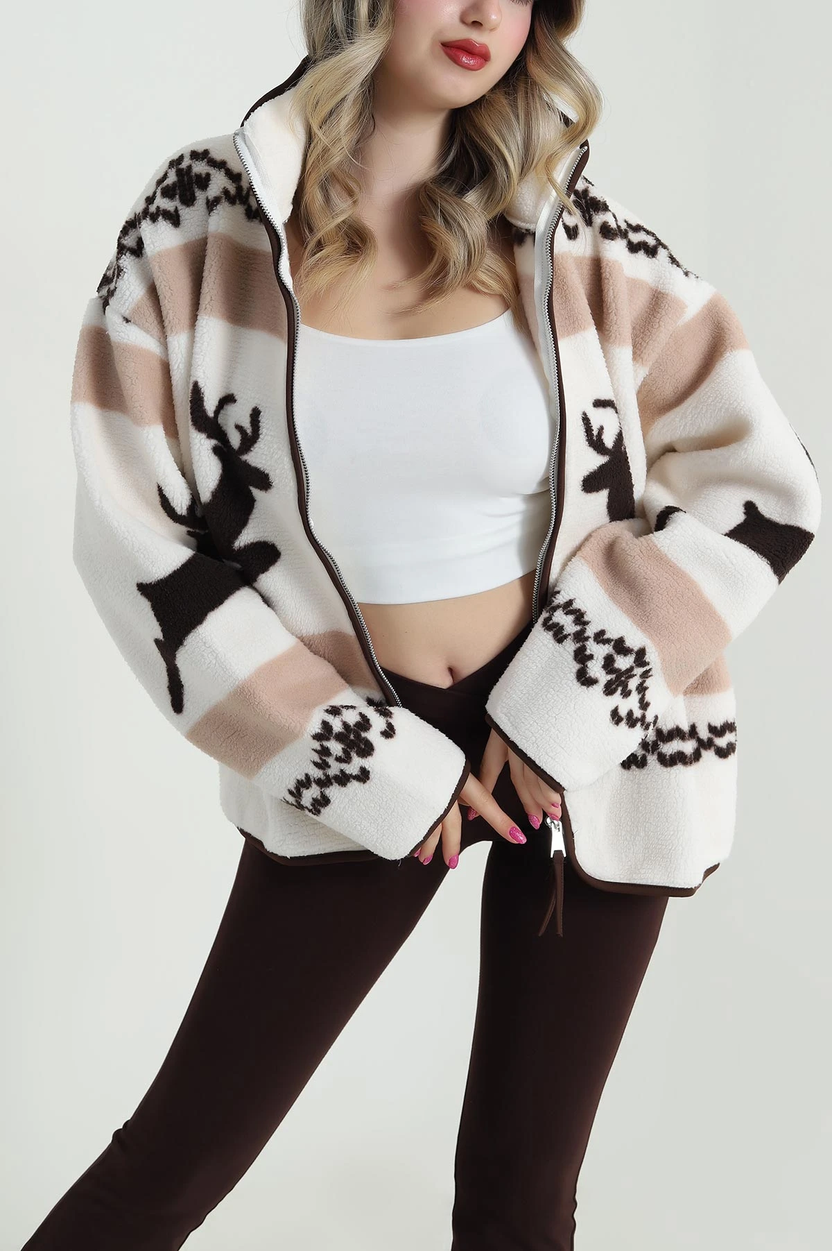 Kahve Fermuarlı Desenli Teddy Kadın Polar 482441