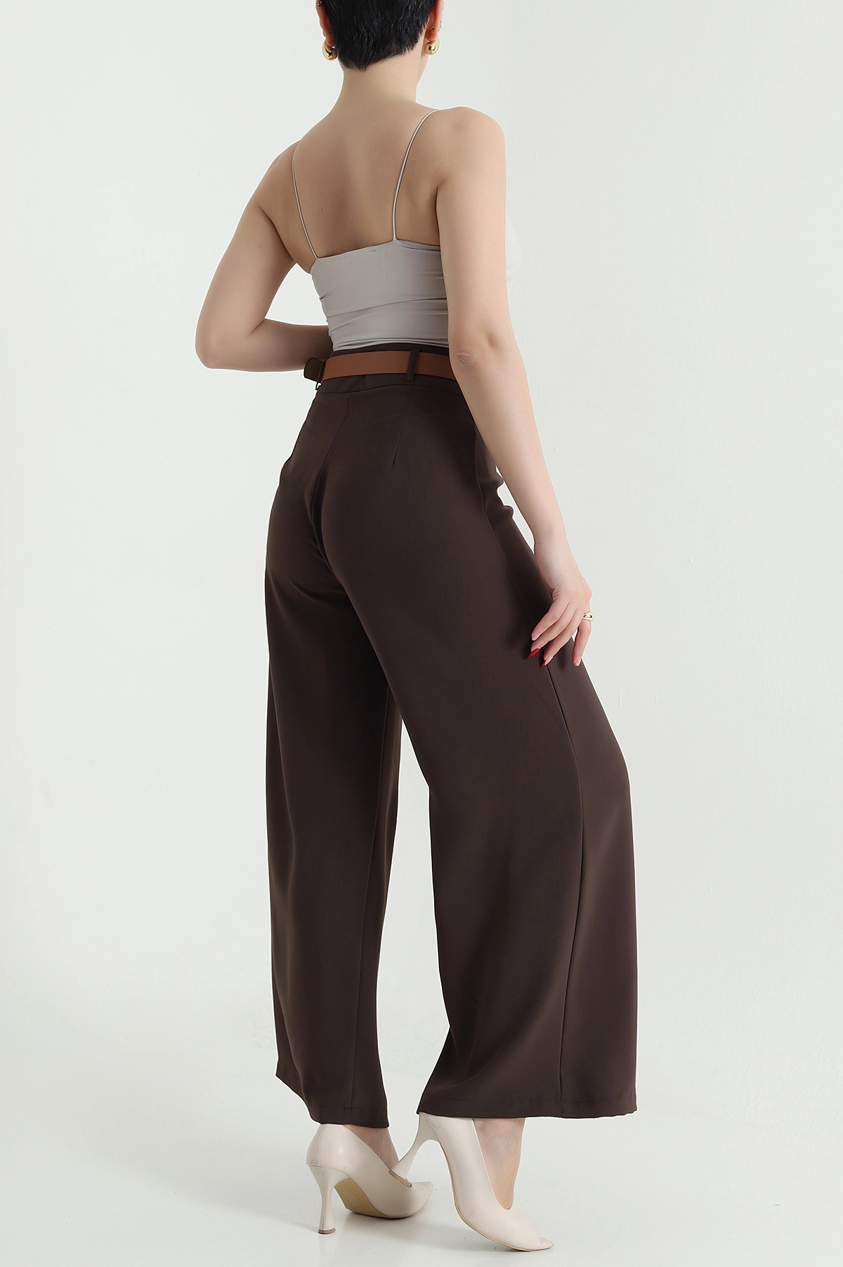 Kahve Fermuarlı Tencel Crep Kadın Pantolon 440758