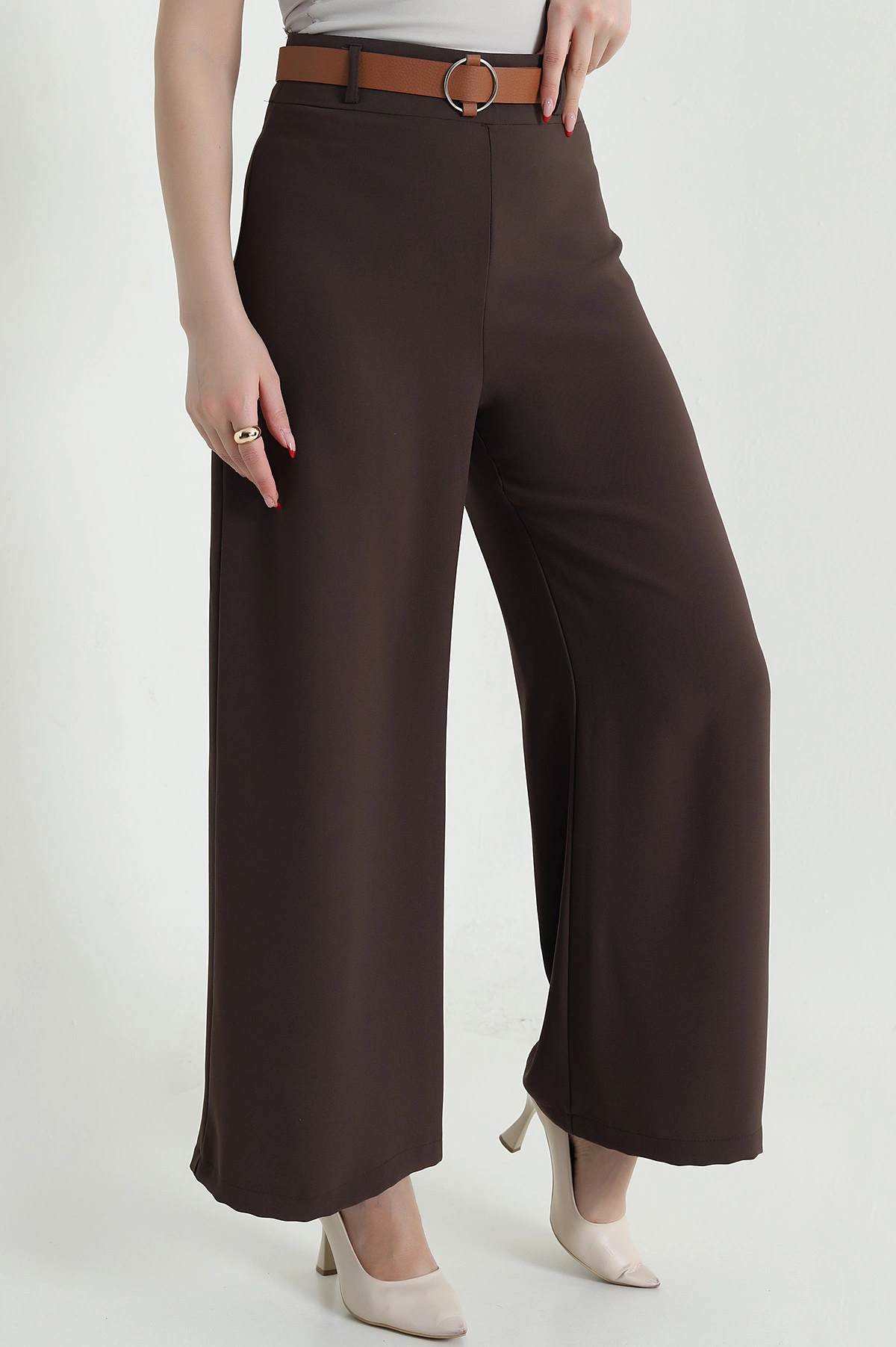 Kahve Fermuarlı Tencel Crep Kadın Pantolon 440758