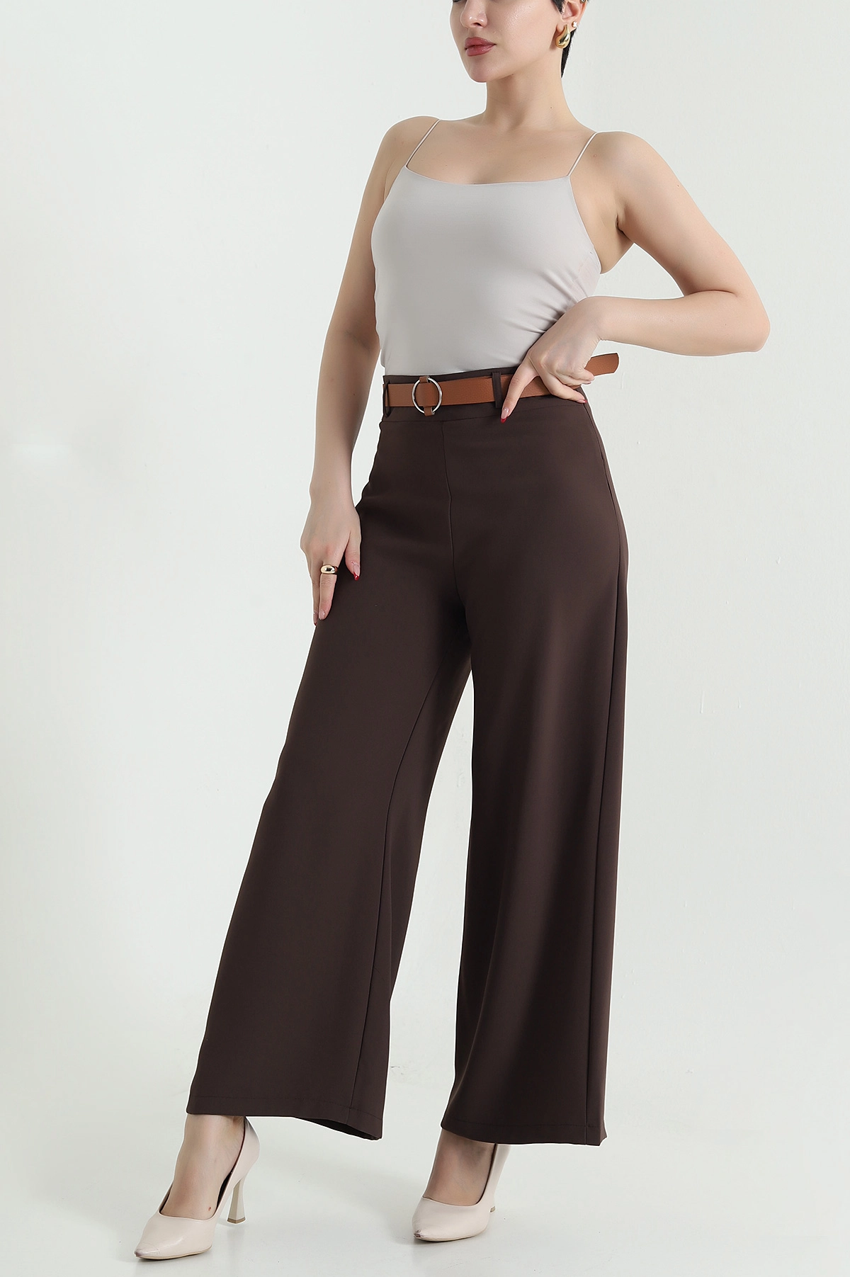 Kahve Fermuarlı Tencel Crep Kadın Pantolon 440758
