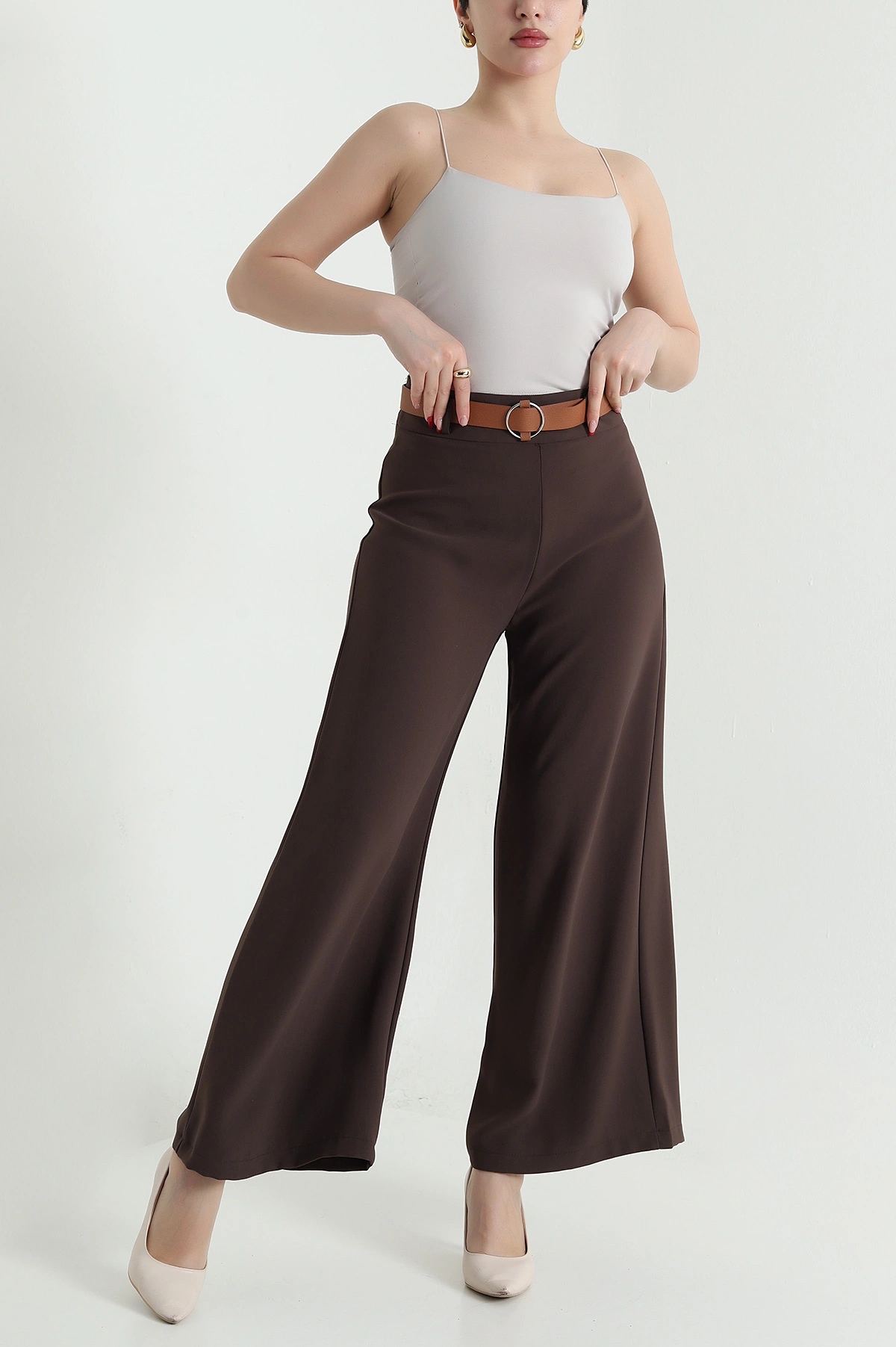 Kahve Fermuarlı Tencel Crep Kadın Pantolon 440758