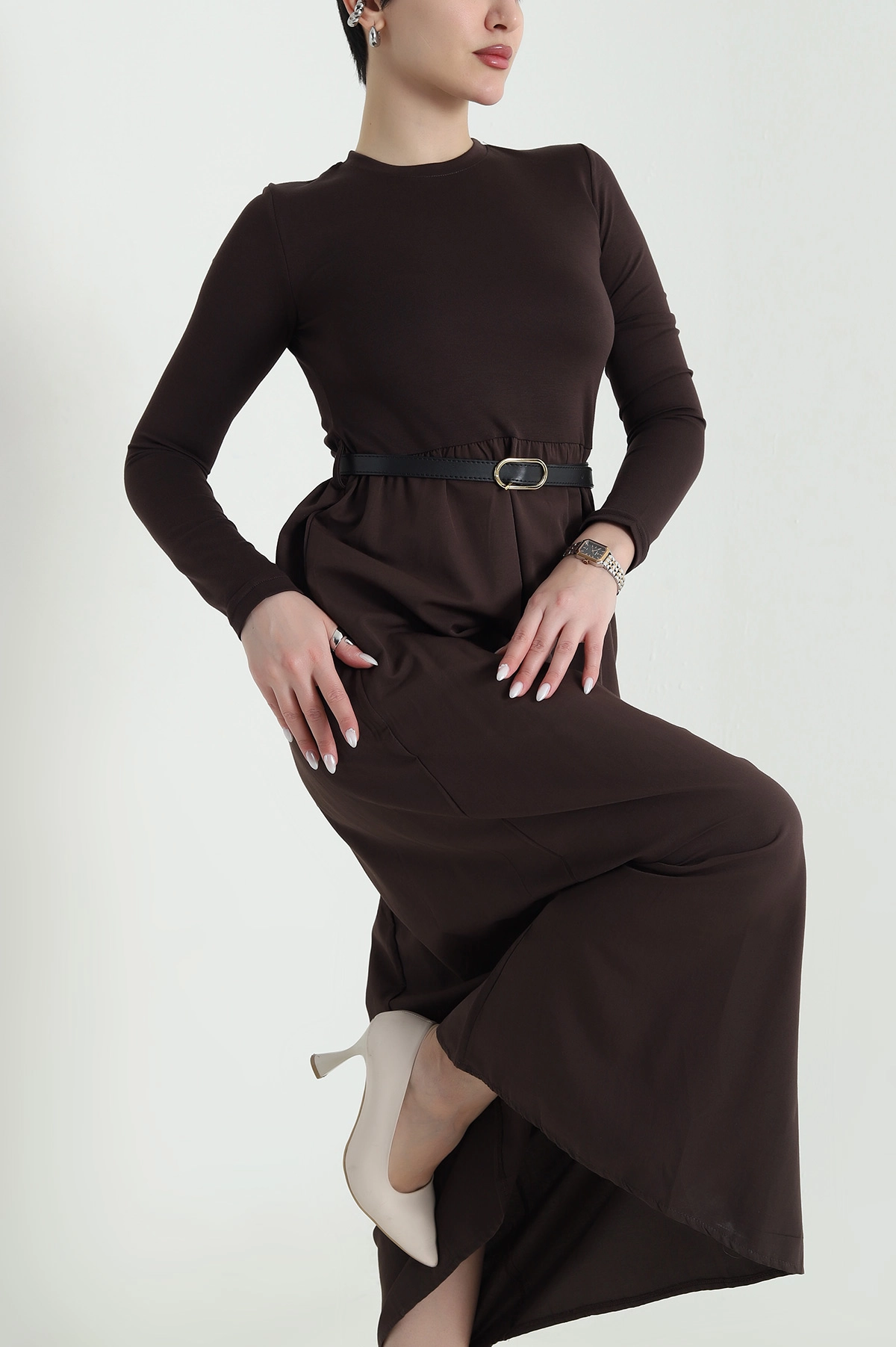 Kahve Garnili Kemerli Oysho Kadın Elbise 442761