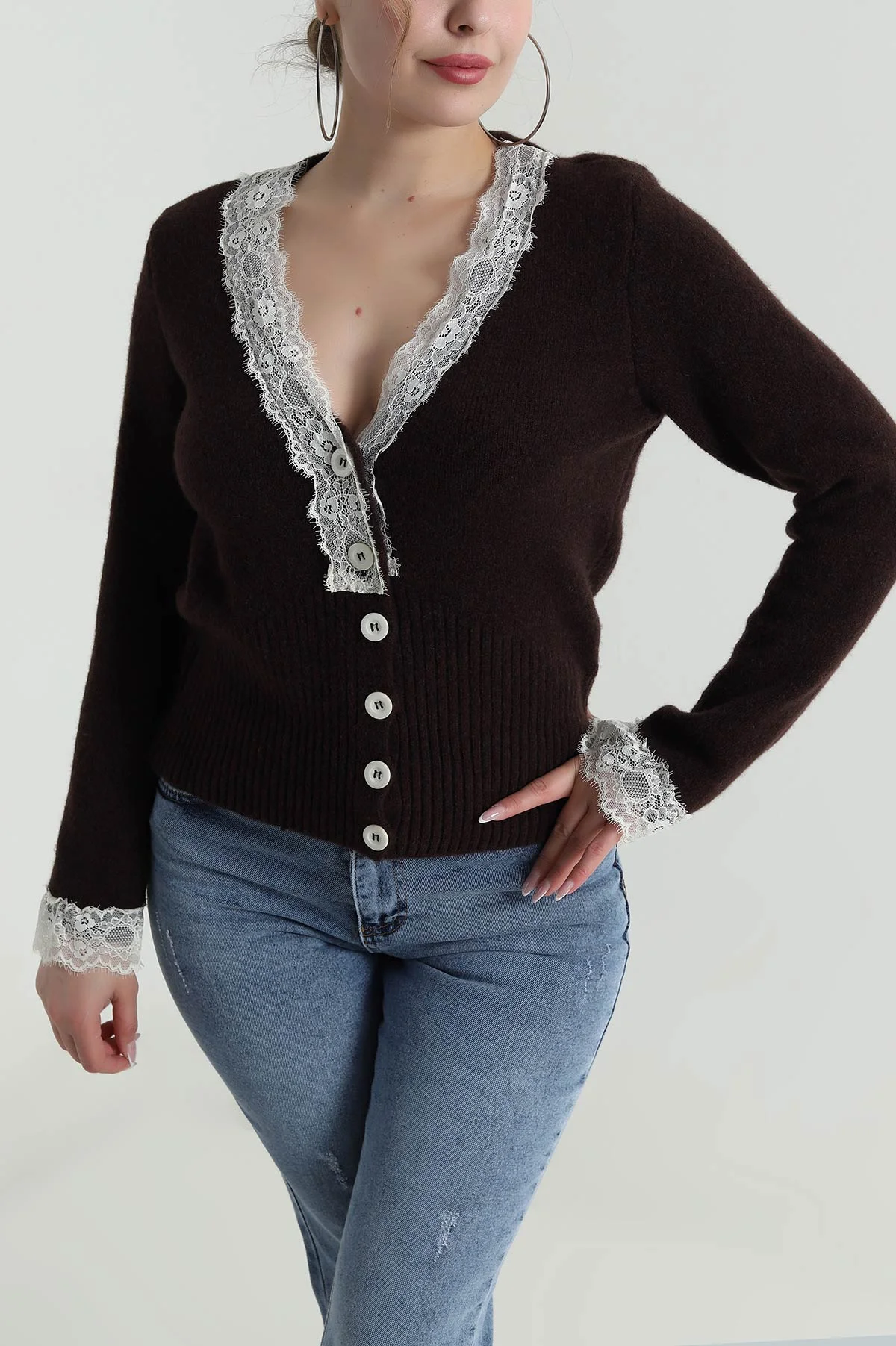 Kahve Güpür Detay Kadın Triko Hırka 485506