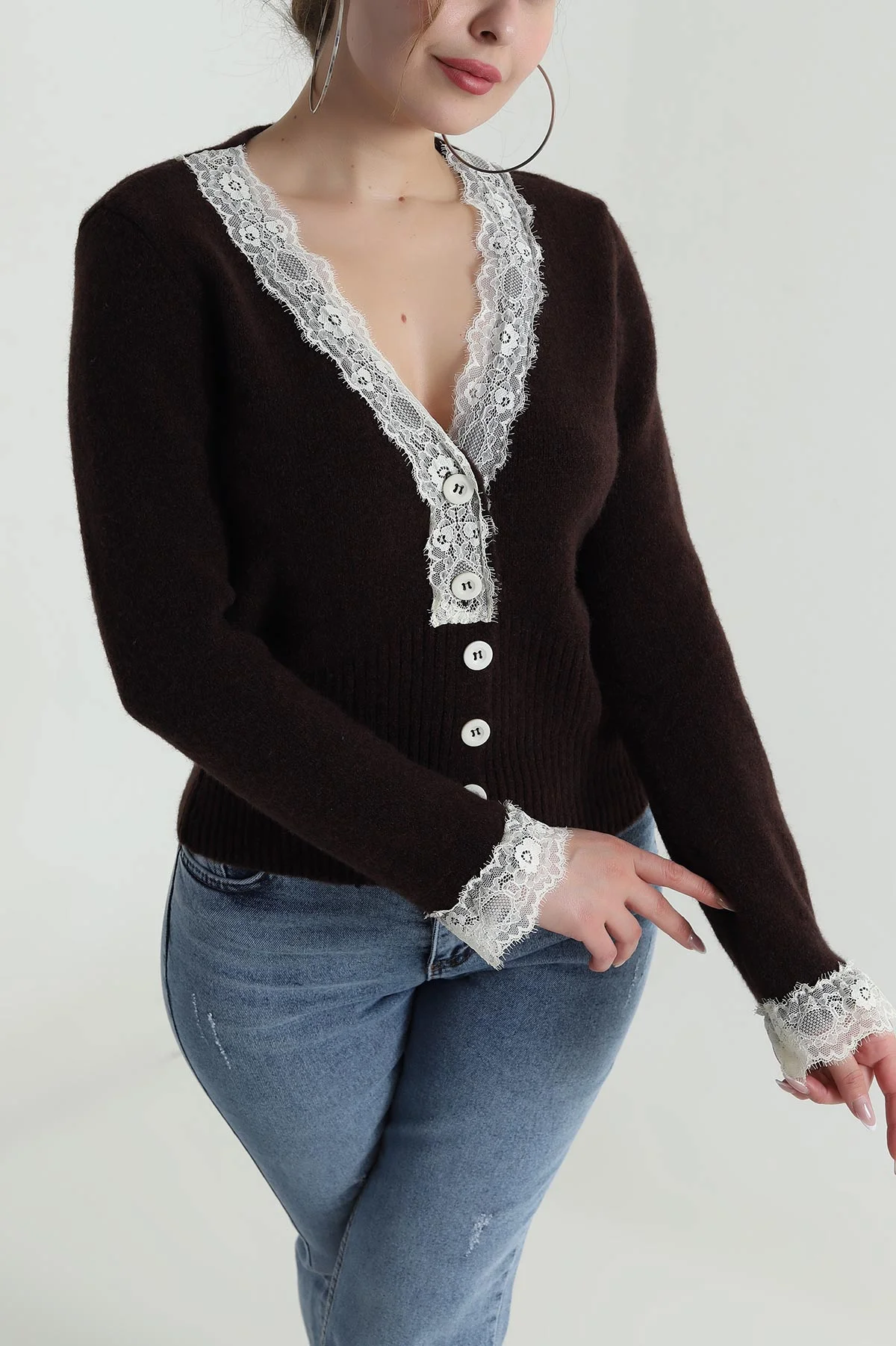 Kahve Güpür Detay Kadın Triko Hırka 485506