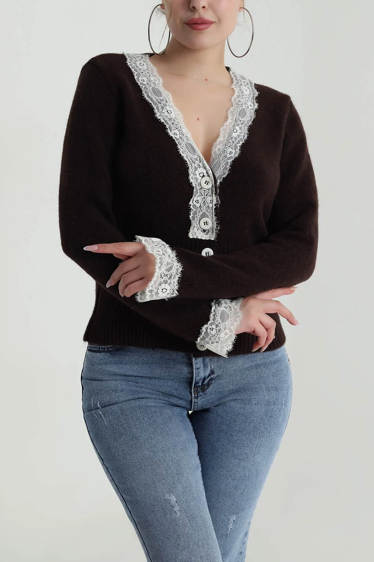 Kahve Güpür Detay Kadın Triko Hırka 485506