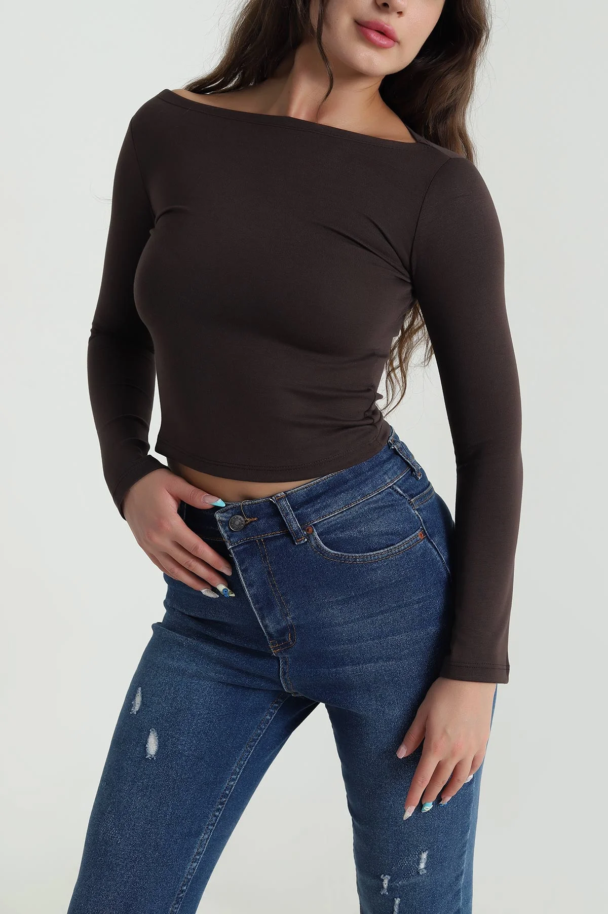 Kahve Kayık Yaka Uzun Kol Oysho Kadın Bluz 484506