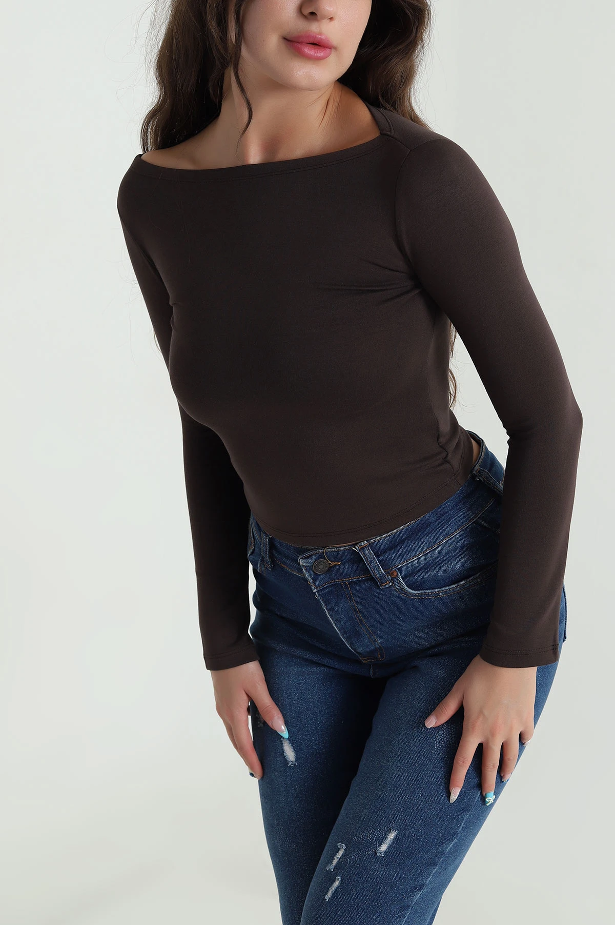 Kahve Kayık Yaka Uzun Kol Oysho Kadın Bluz 484506