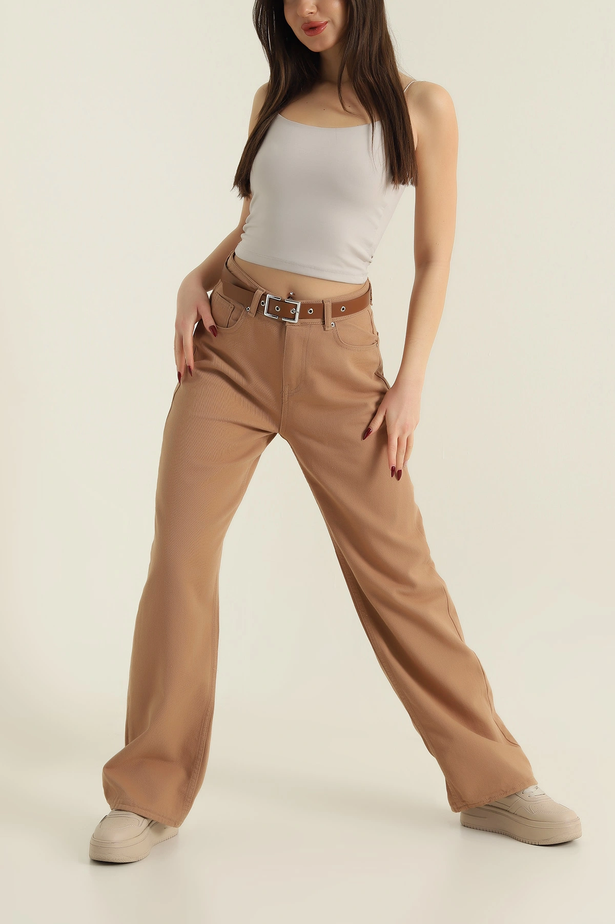 Kahve Kemerli Palazzo Camel Kadın Kot Pantolon 422450