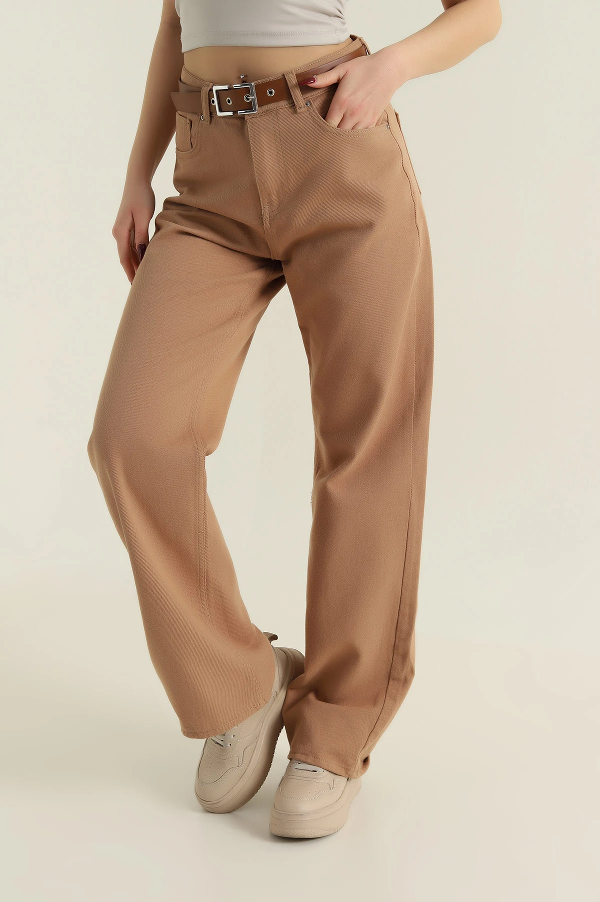 Kahve Kemerli Palazzo Camel Kadın Kot Pantolon 422450