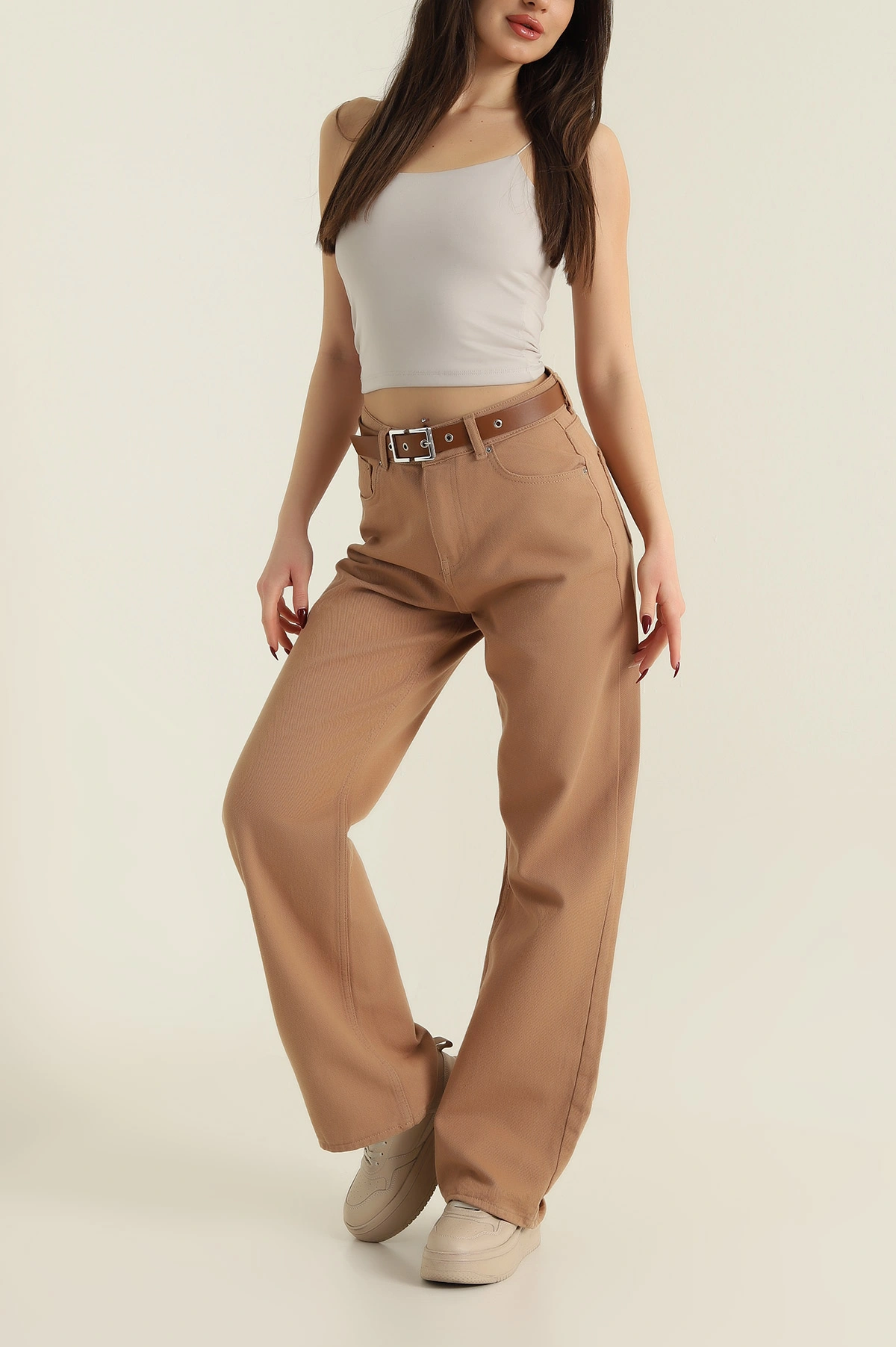 Kahve Kemerli Palazzo Camel Kadın Kot Pantolon 422450